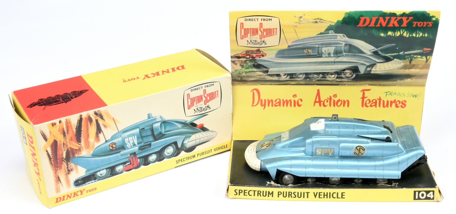 Dinky Toys 104 " Captain Scarlet" Spectrum Pursuit Vehicle - Blue body and base, white front bump...