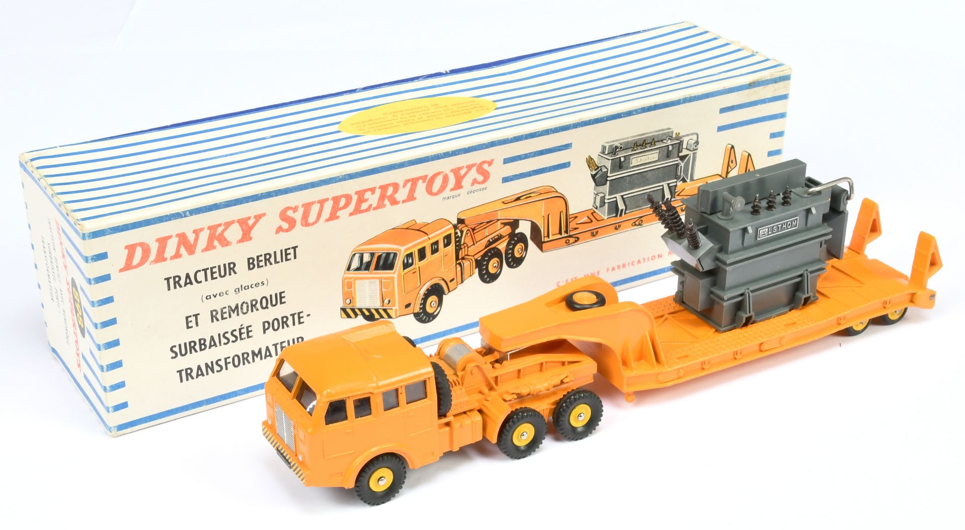 French Dinky Toys 898 Berliet Low Loader with Transformer Load - Orange unit and trailer, yellow ...