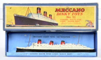 Dinky (Meccano) Pre-War 52 Cunard White star Liner "Queen Mary" - White, red and Black with 2 X M...