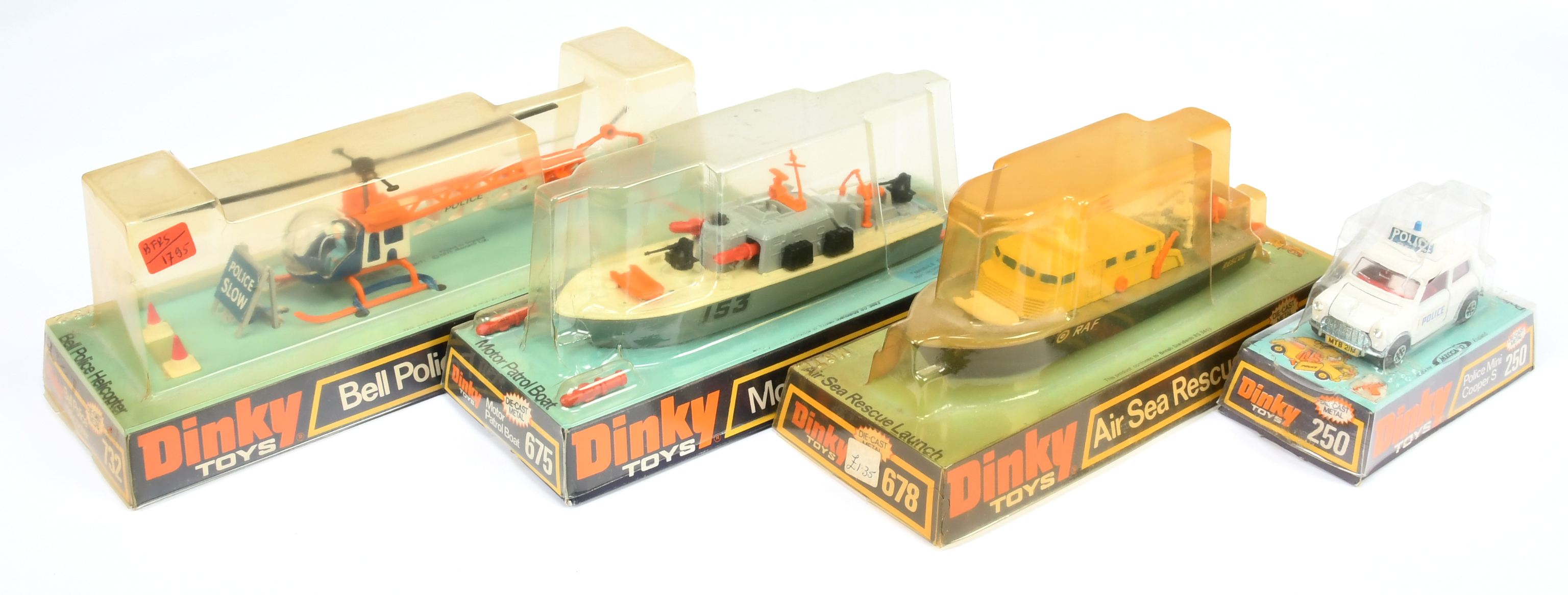 Dinky Toys Group Of 4 - (1) 250 Mini "Police" Car, (2) 675 Motor Patrol Boat, (3) 678 Air Sea Res...