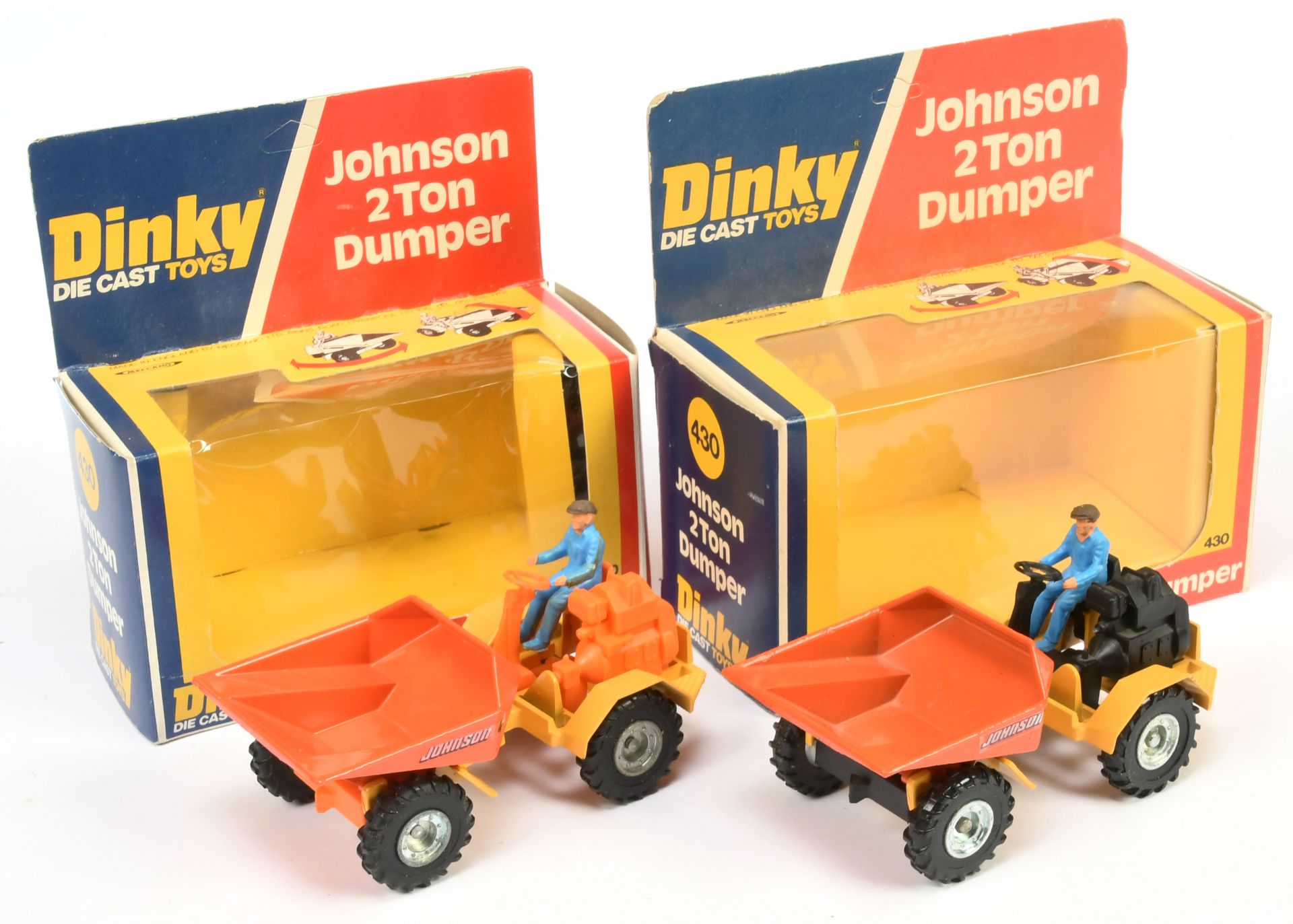 Dinky Toys 430  Johnson 2-Ton Dumper A Pair - (1) Yellow Chassis, orange dumper and plastics, cas...