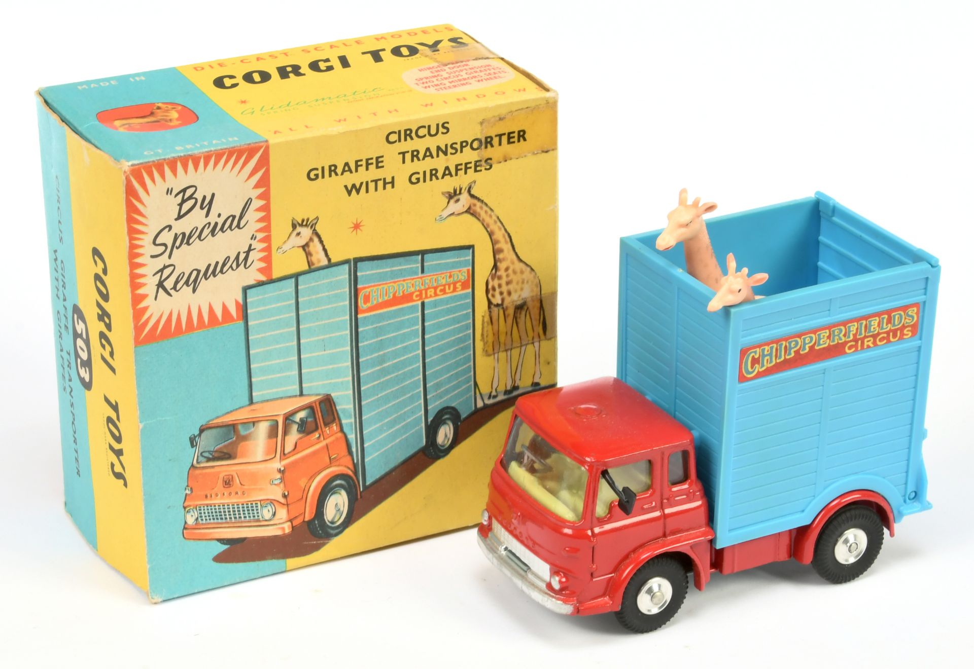 Corgi Toys 503 "Chipperfields Circus" Bedford Giraffe Transporter  - Red with blue plastics  lemo...