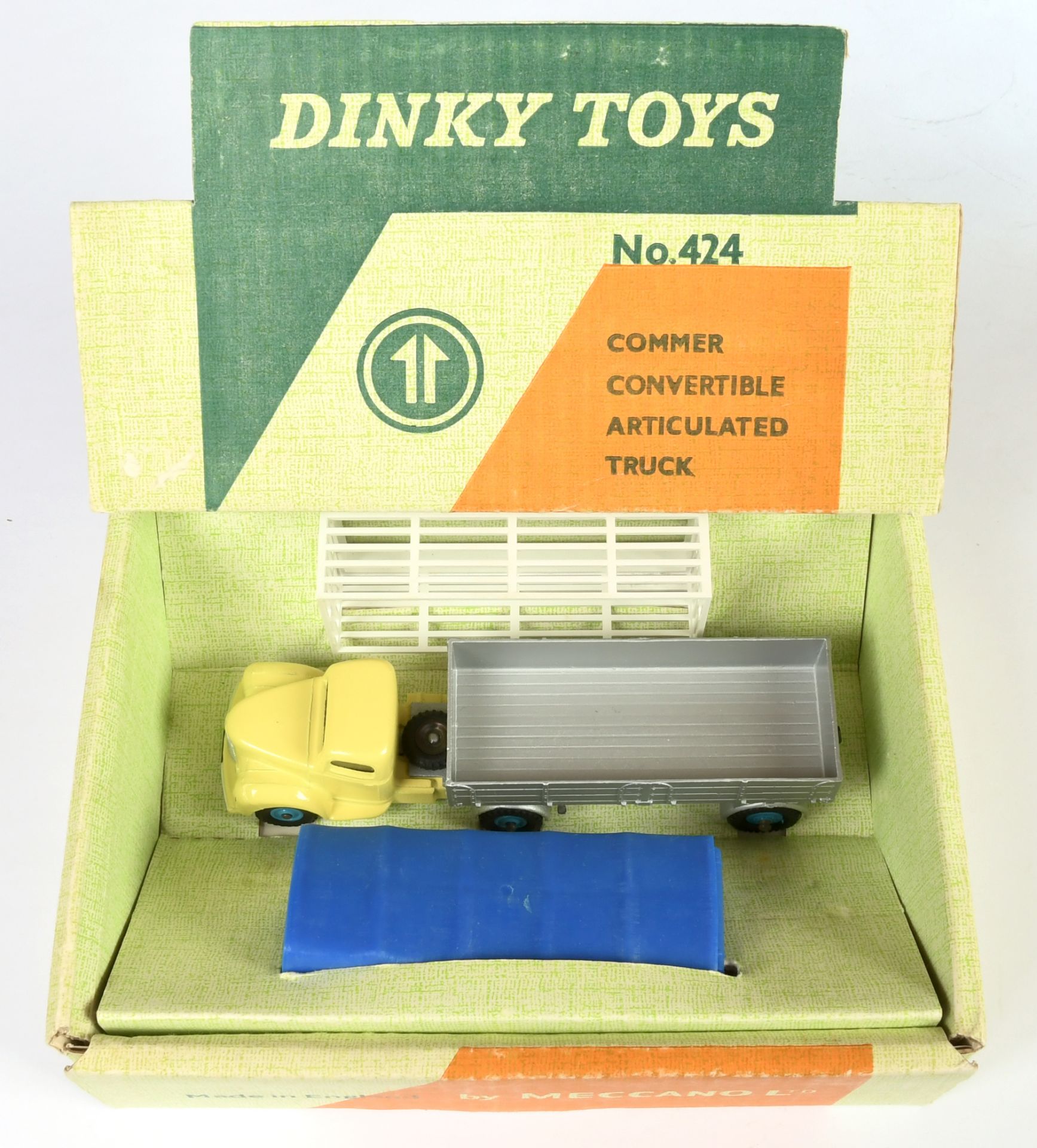 Dinky Toys 424 Commer Convertible Articulated Truck - Pale yellow unit with windows, silver trim ...