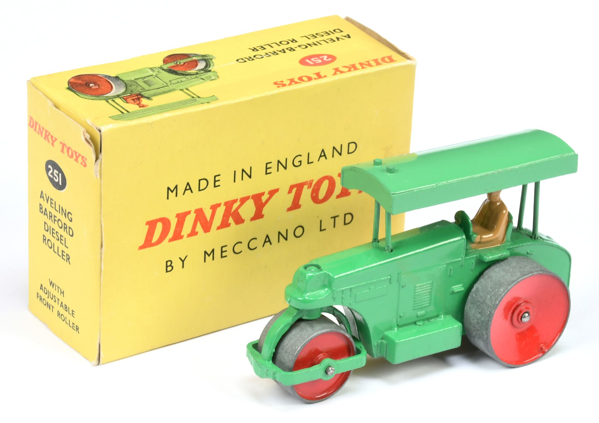 Dinky Toys 251 Aveling Barford Road Roller - Mid-green body and canopy, red metal wheels, tan fig...