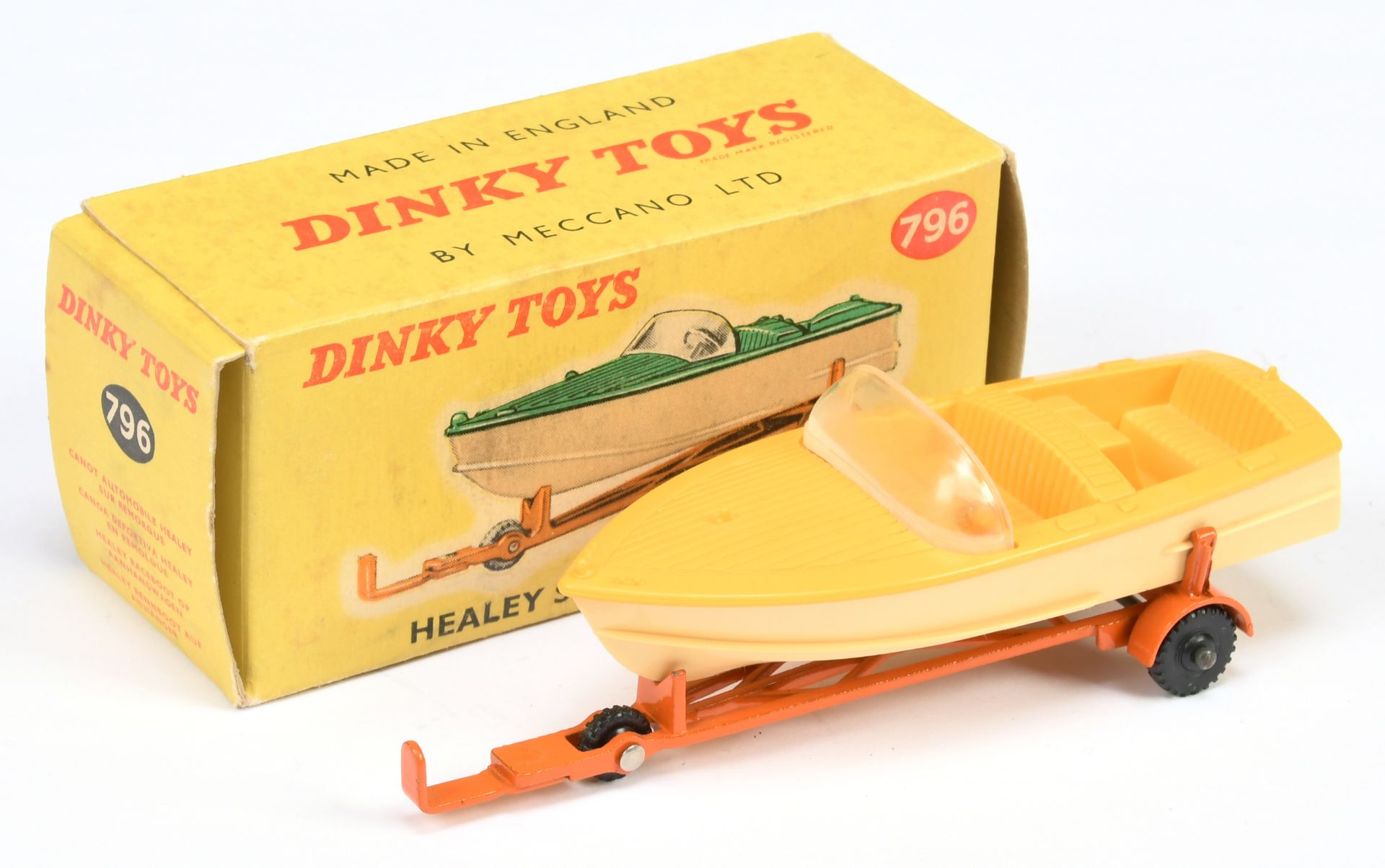 Dinky Toys 796 Healey Sports Boat On Trailer - Yellow, cream hull and steering wheel on orange tr...