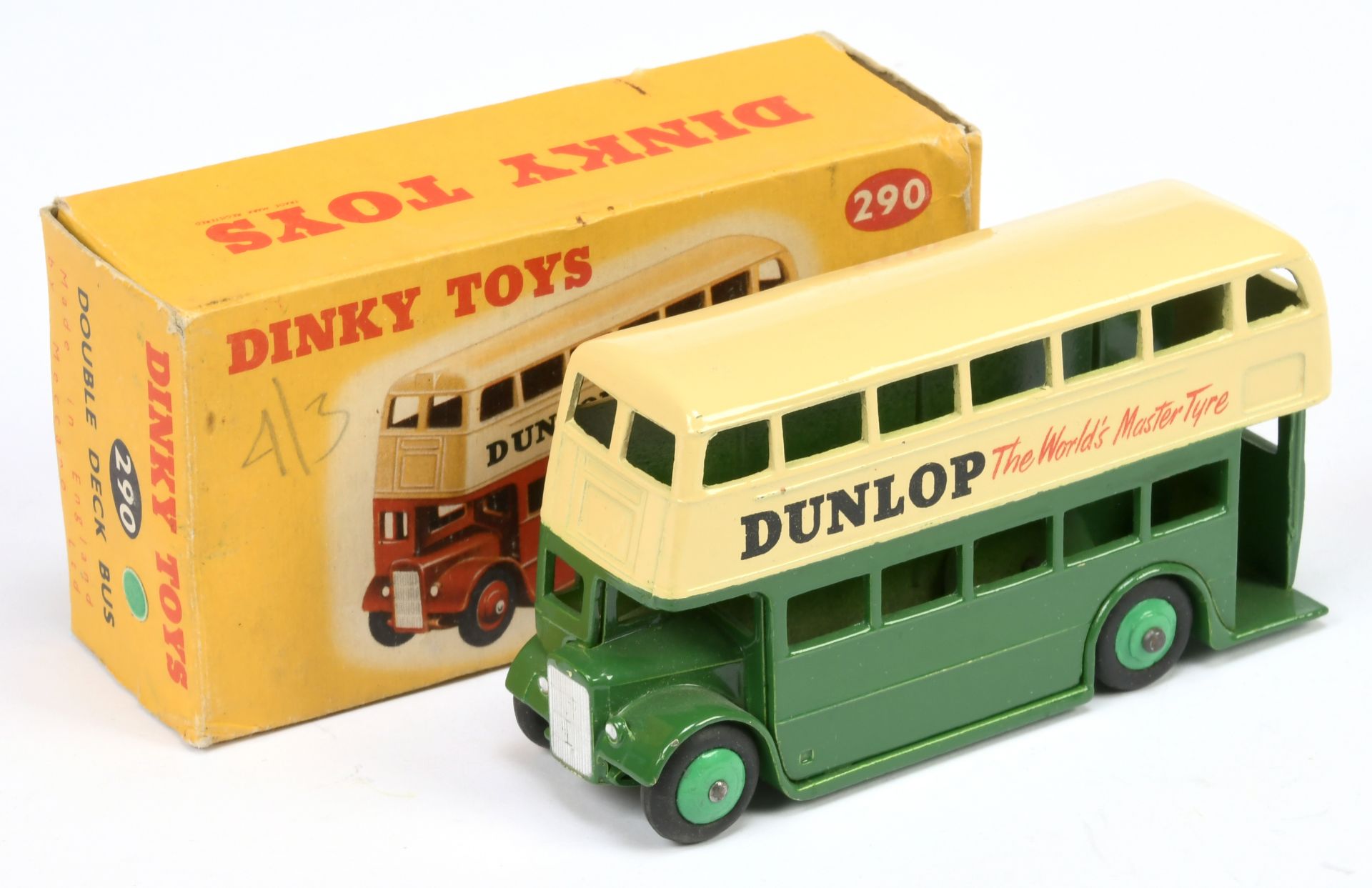 Dinky Toys 290 Doubles Decker Bus (Type 3) "Dunlop" - Two-Tone cream  and green with mid-green ri...