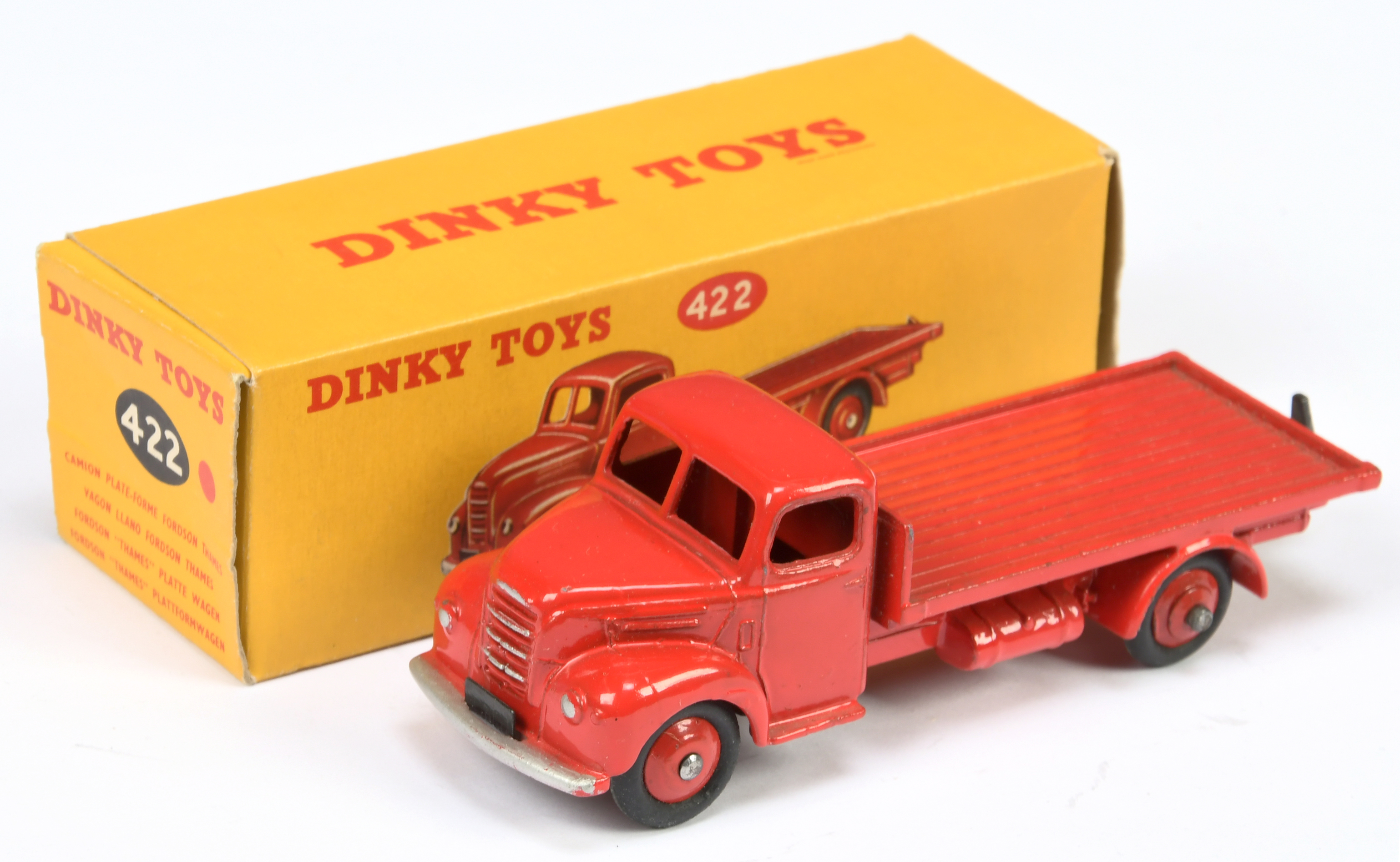 Dinky Toys 422 Fordson Thames Flat truck - Red cab, chassis, back and rigid hubs with smooth hubs...