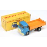 French Dinky Toys 585 Berliet Tipper Truck - Mid-blue cab, grey chassis and interior, orange tipp...