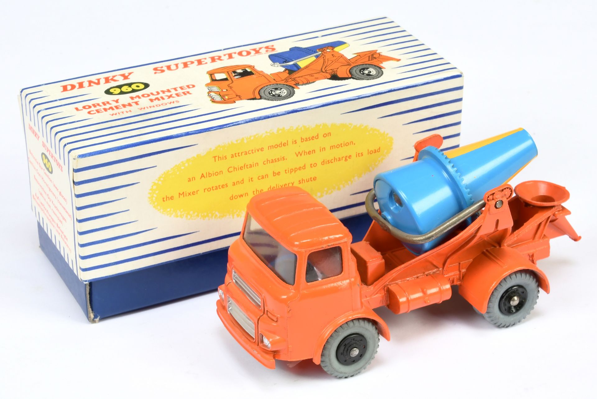 Dinky Toys 960 Albion Chieftain Lorry Mounted Cement Truck - Orange cab and chassis, with windows...