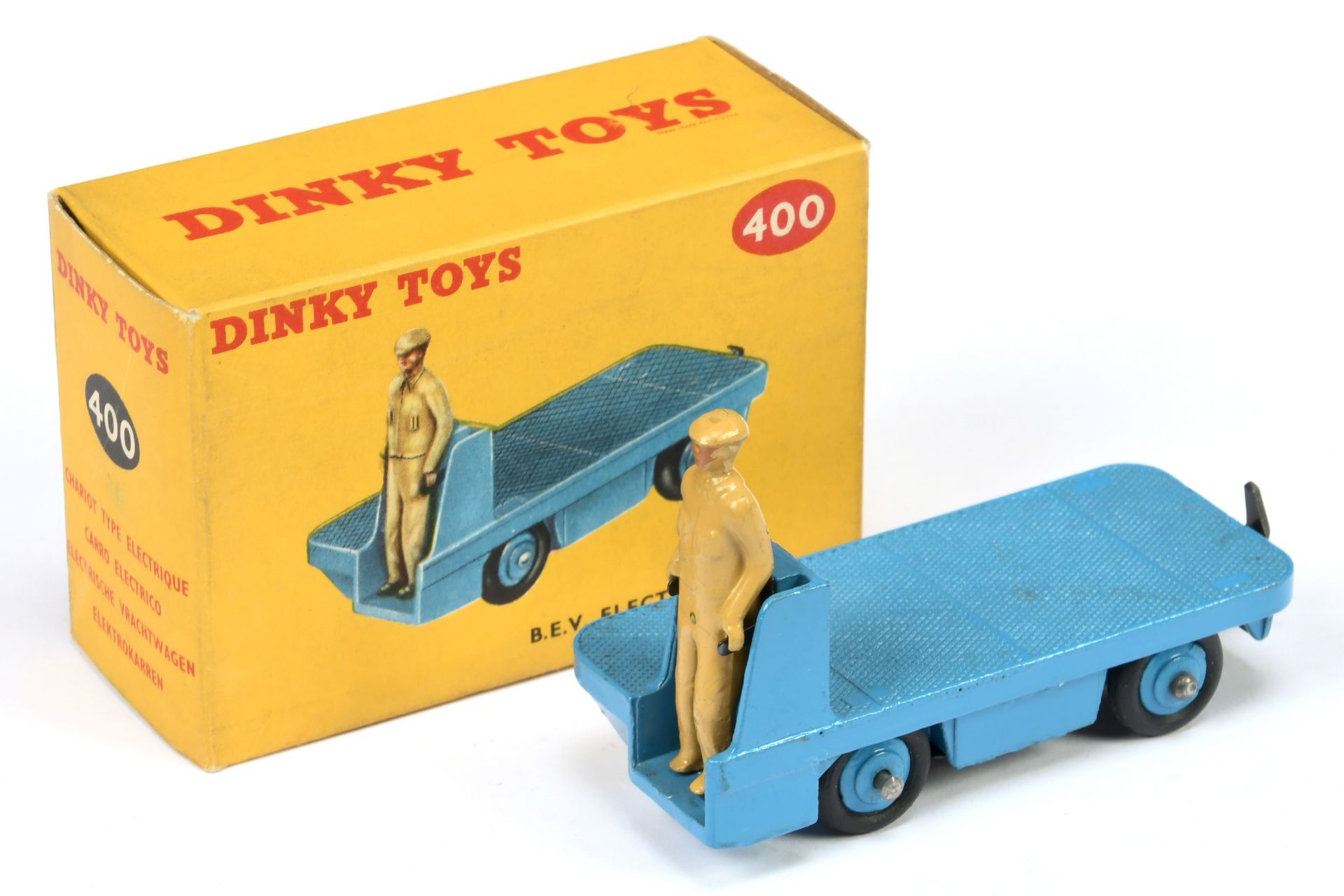 Dinky Toys 400 BEV Electric Truck - Mid-blue including rigid hubs with smooth tyres, tan figure a...