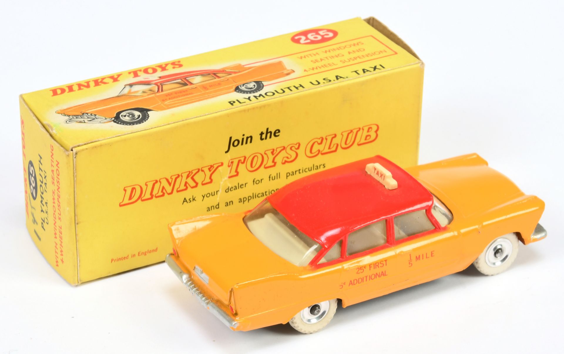 Dinky Toys 265 Plymouth Plaza "Taxi" - Yellow and red,, ivory interior, silver trim, roof box and... - Image 2 of 2