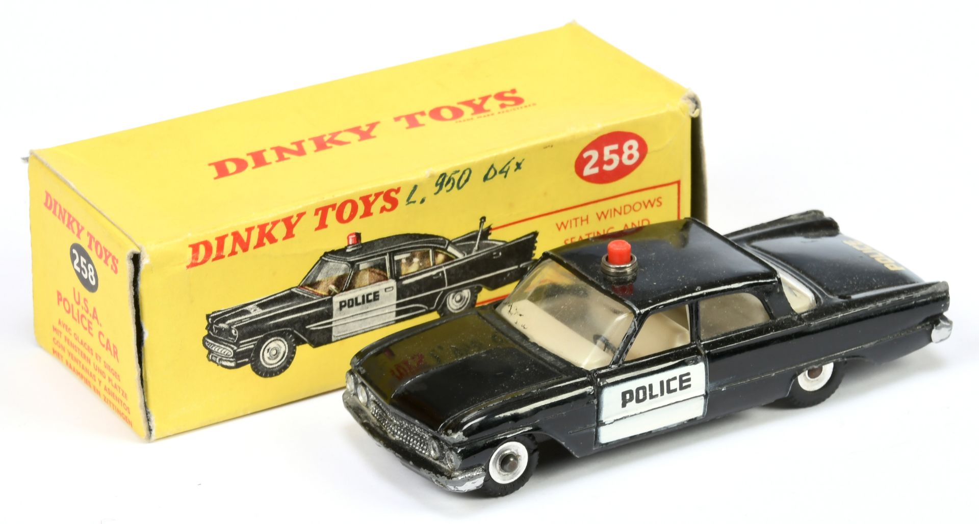 Dinky Toys 258 Ford Fairlane "USA Police" Car - Black body, white door panels, cream interior, re...