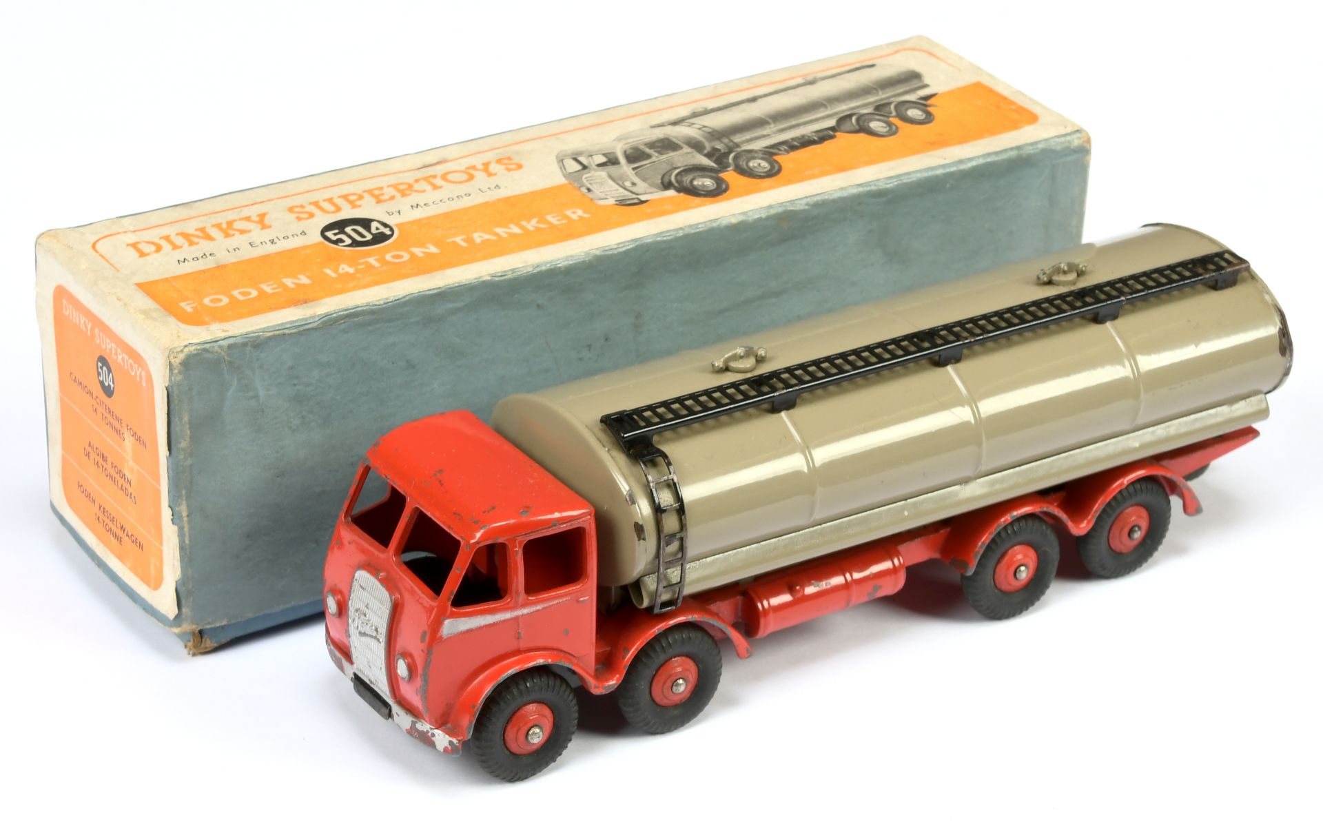 Dinky Toys 502 Foden (type 1) Tanker - Red cab, chassis and rigid hubs, fawn tanker with black me...