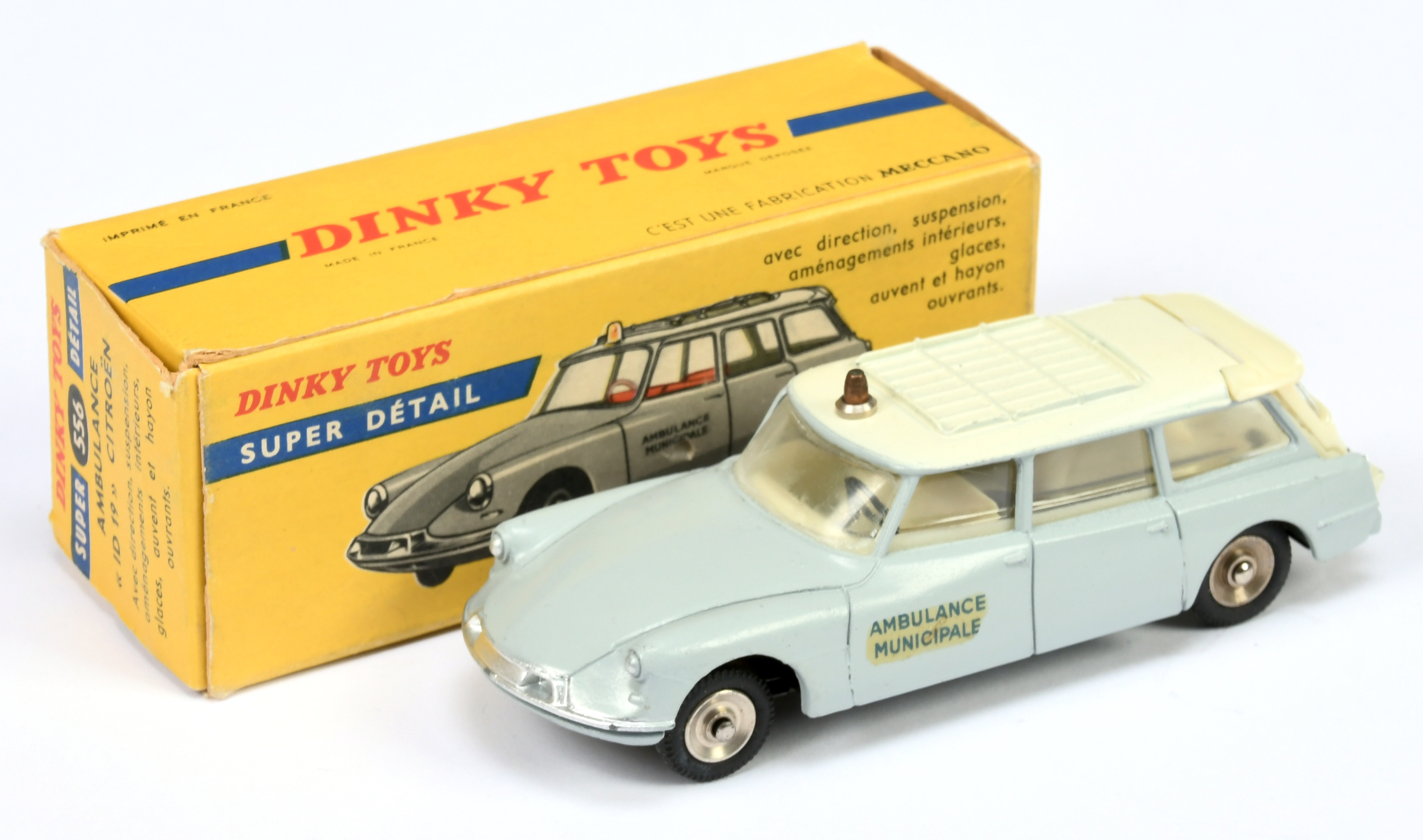 French Dinky Toys 556 Citroen ID19 "Ambulance Municipale" - Grey body, cream roof and tailgate, s...