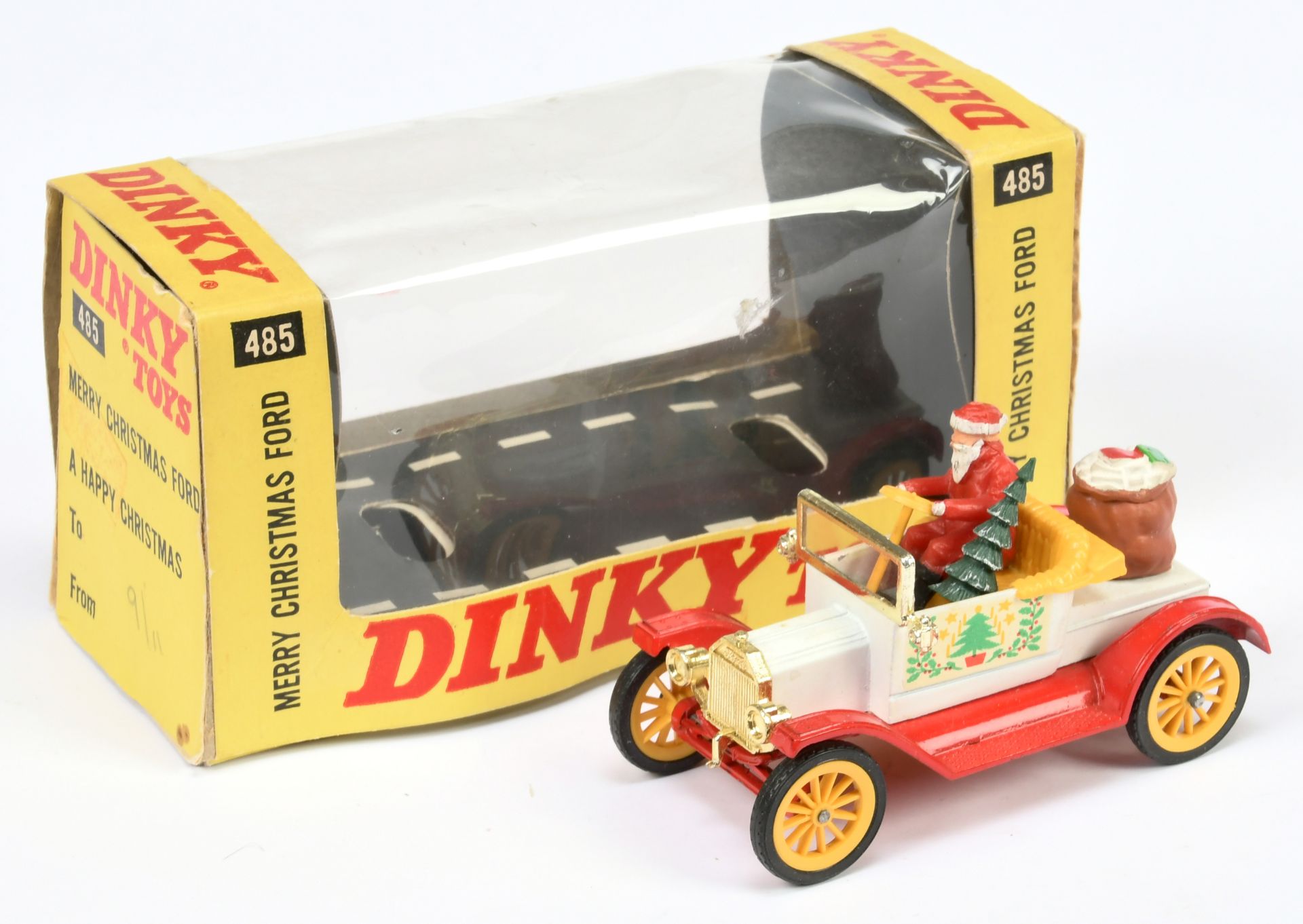 Dinky Toys 485 Ford Model T  "Merry Christmas" - White body, red chassis, yellow spoked wheels wi...