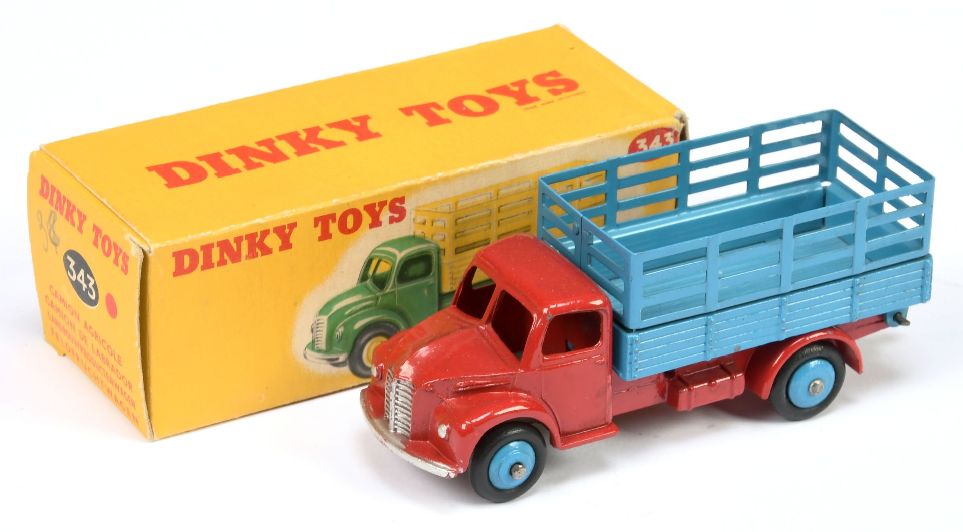 Dinky Toys 343 Dodge Produce Wagon - Red cab and chassis, mid-blue stake back and rigid hubs with...