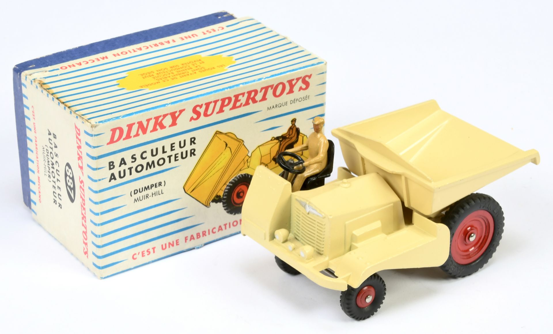 French Dinky Toys 887 Muir Hill Dumper -pale yellow, red metal wheels, black metal tow hook and t...