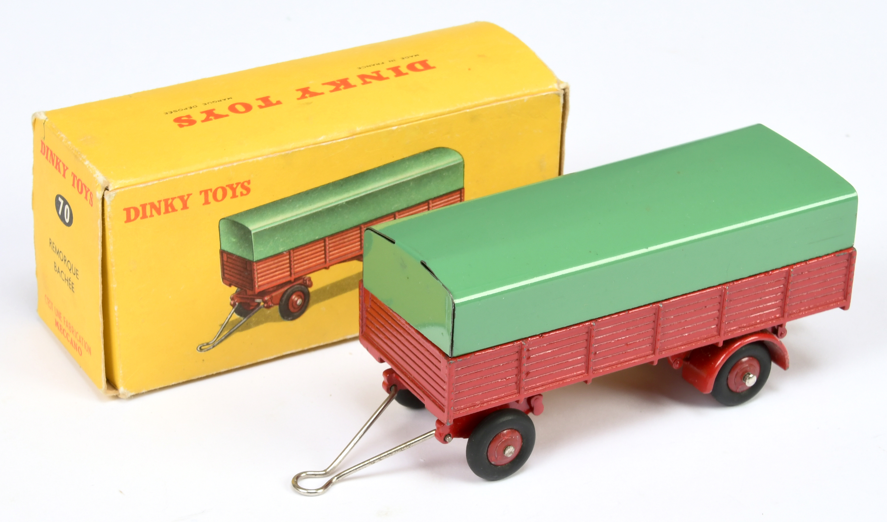 French Dinky Toys 70 Large Trailer - Dark red including convex hubs, green metal tilt, chrome dra...