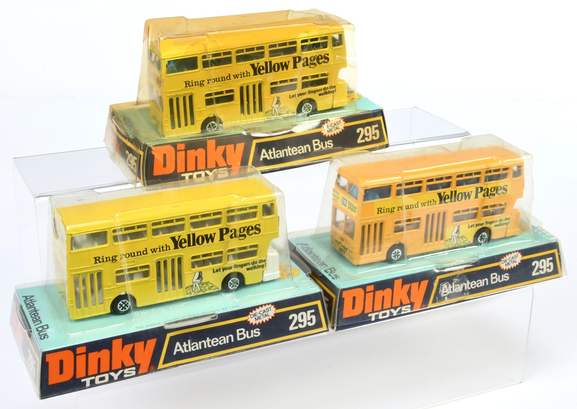 Dinky Toys  295 Leyland Atlantean buses "Yellow Pages" Group Of 3 (1) Bright yellow, white interi...