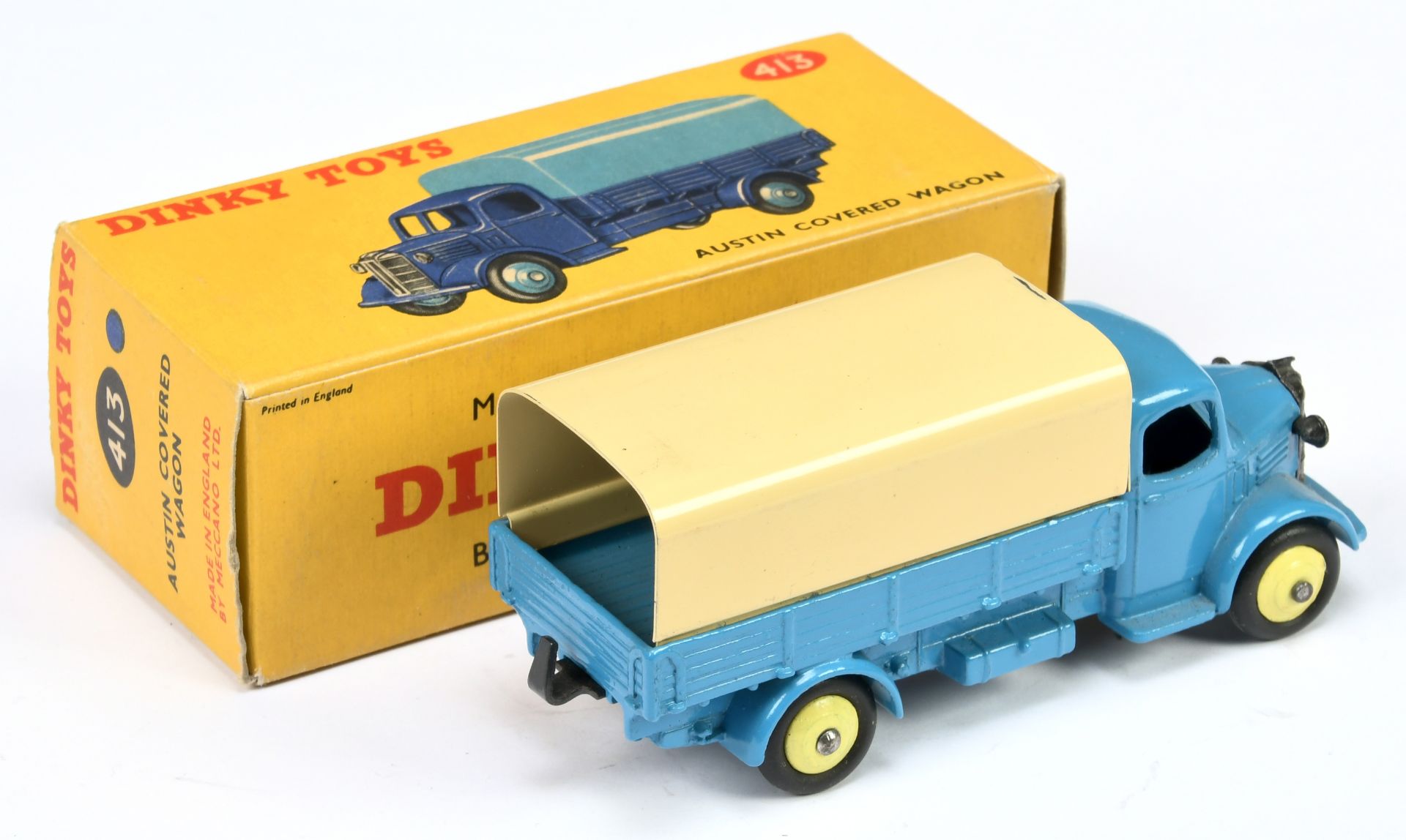 Dinky Toys 413  Austin Open Covered Wagon - Mid-blue cab and chassis, pale lemon rigid hubs with ... - Image 2 of 2