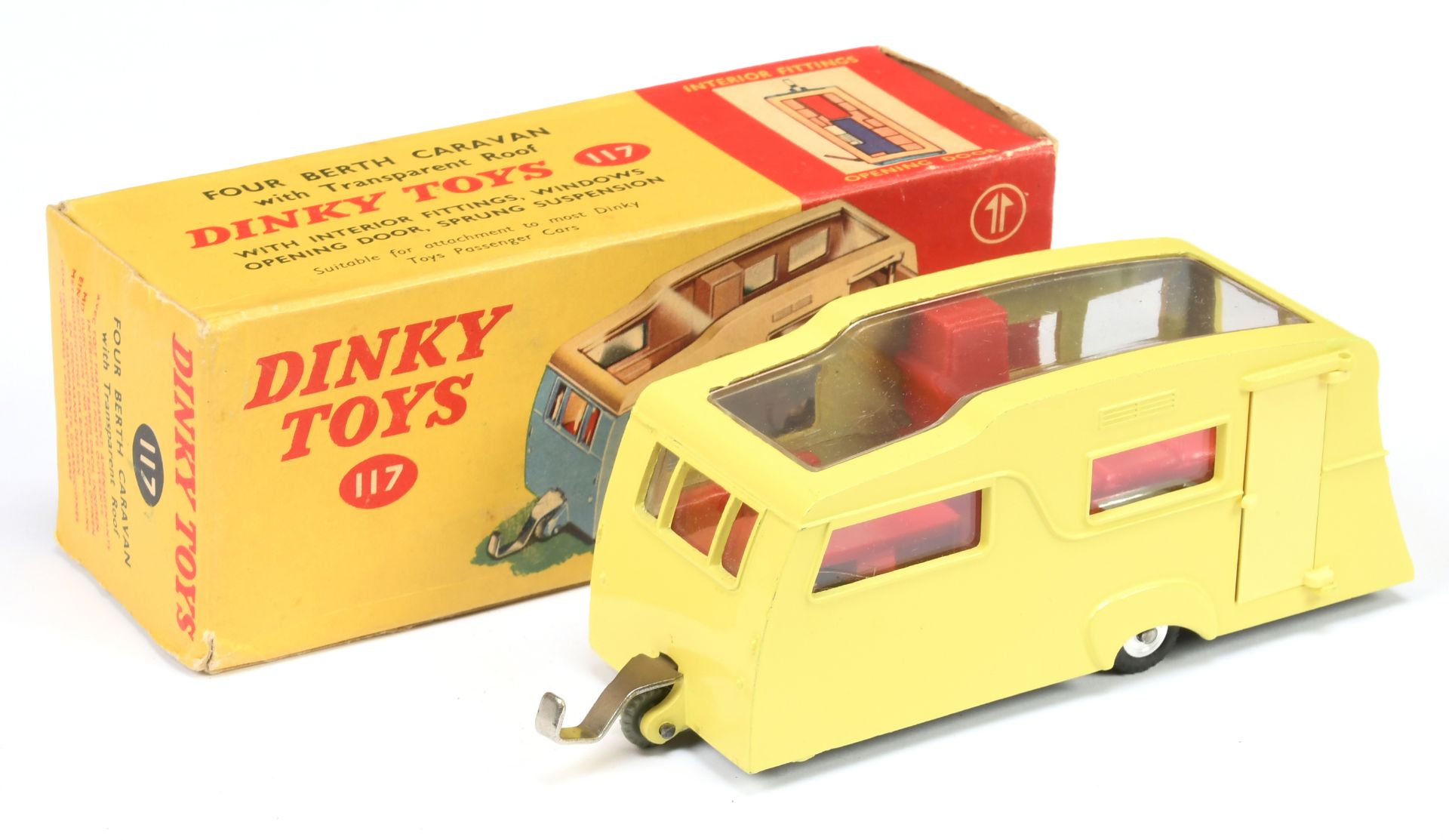 Dinky Toys 117 Four Bert Caravan - Yellow including opening side door, red interior, chrome draw ...