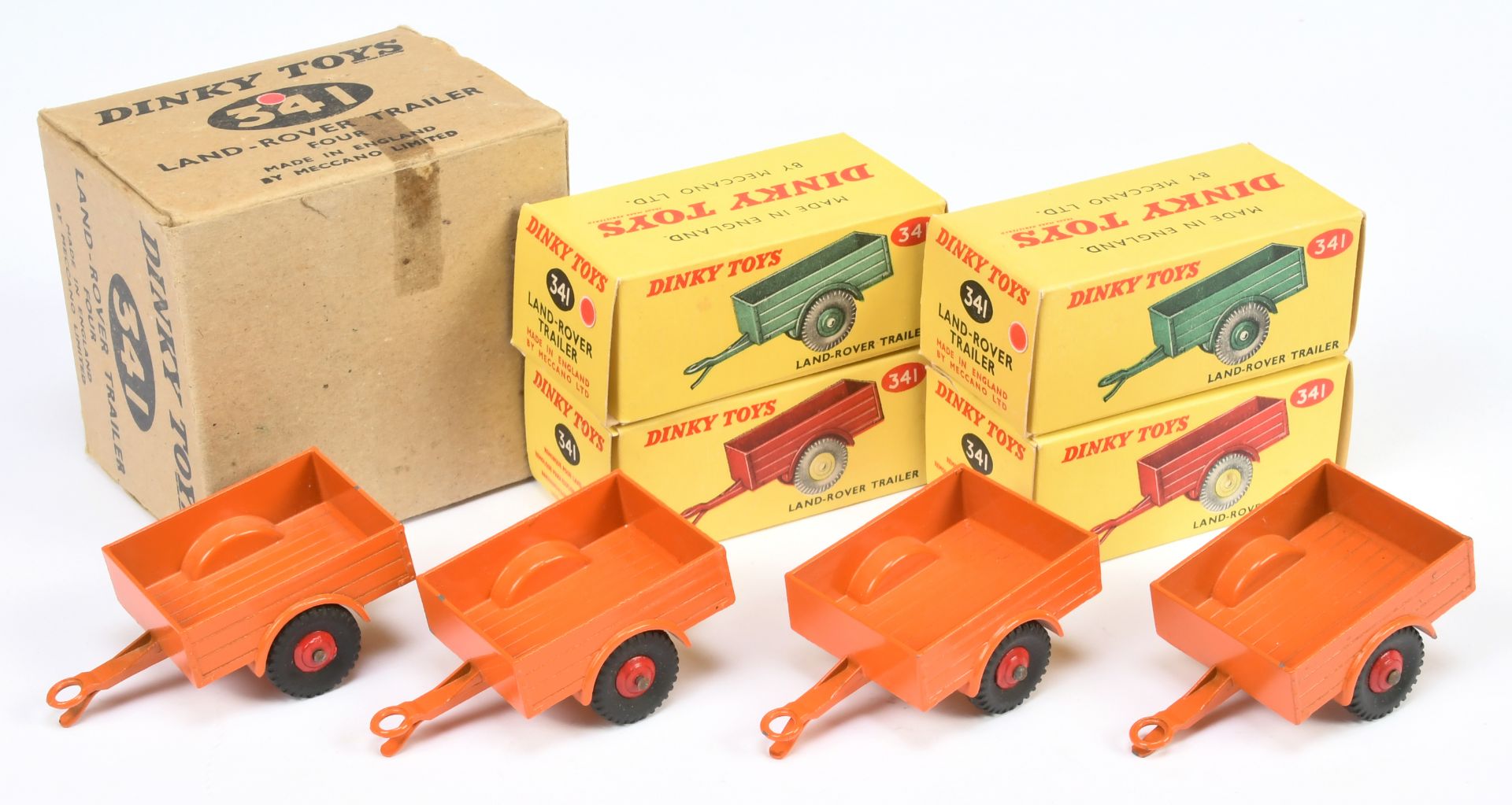 Dinky Toys Trade Pack 341 Land Rover Trailers - containing 4 examples  - Orange with red rigid hu...