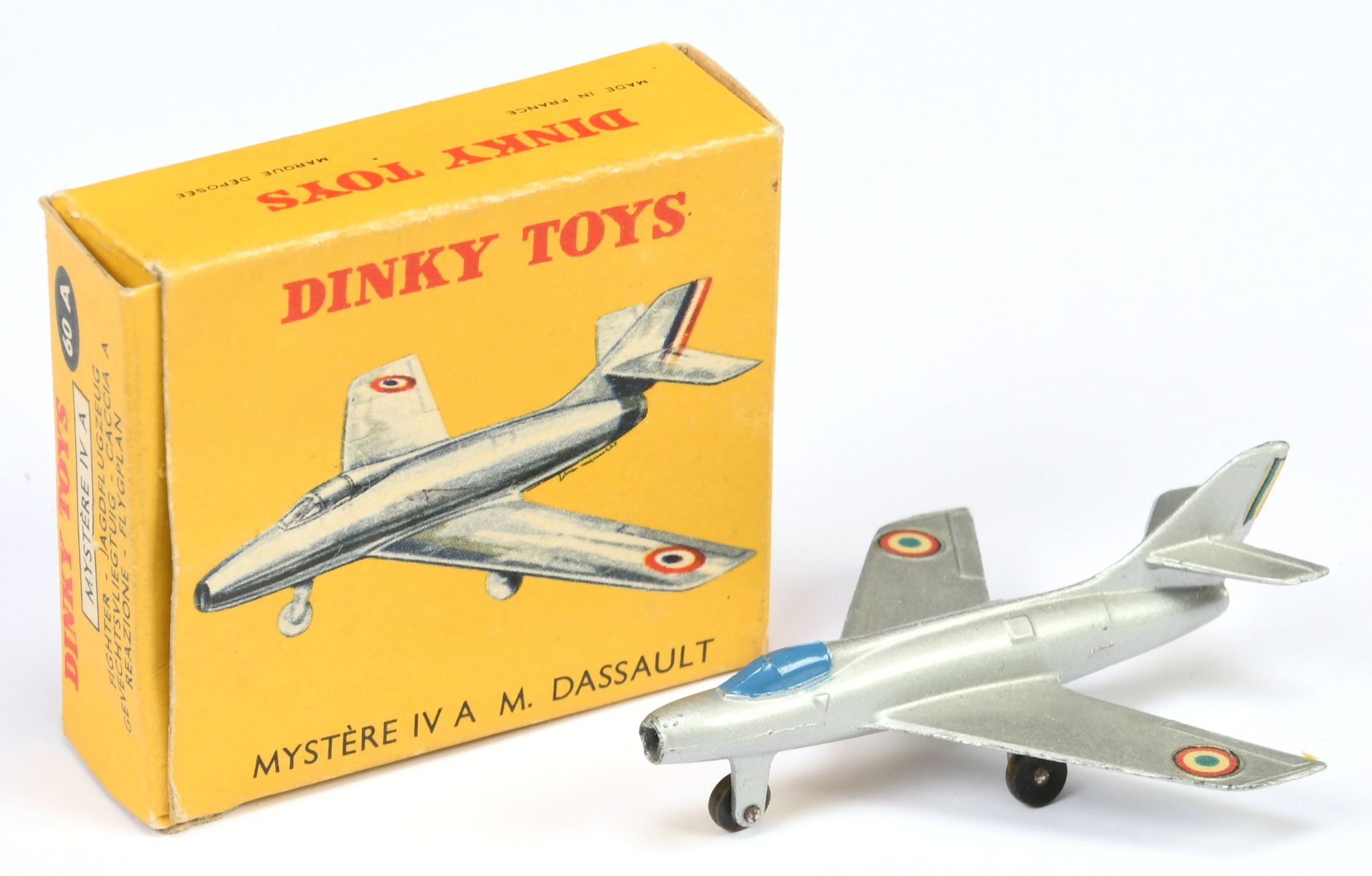 French Dinky Toys 60A Mystere 1V,A,N Dassault - Silver, blue cockpit, black metal wheels and roun...