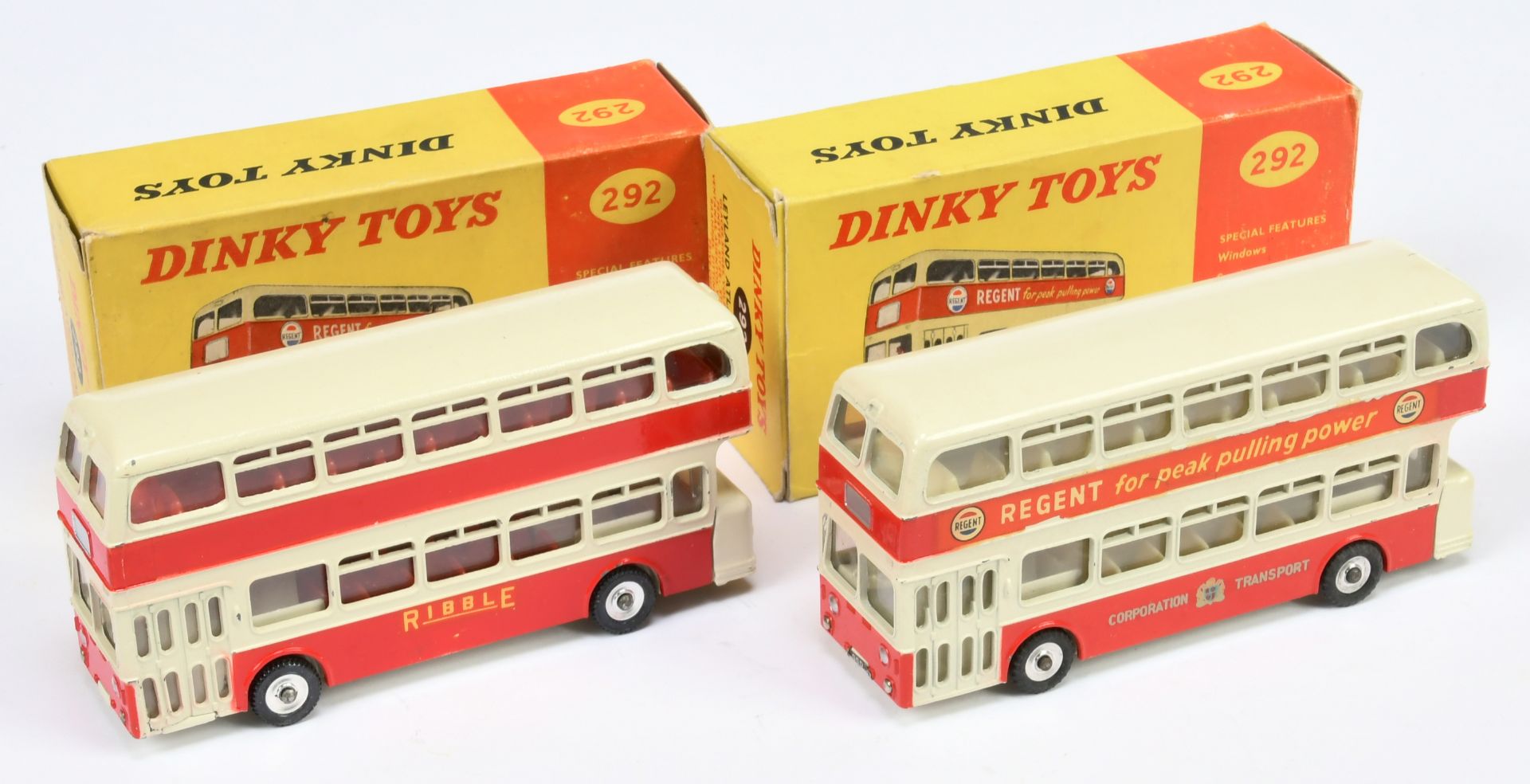 Dinky Toys 292 Leyland Atlantean Bus A Pair (1) "Ribble" Off white and red including interior, sp...