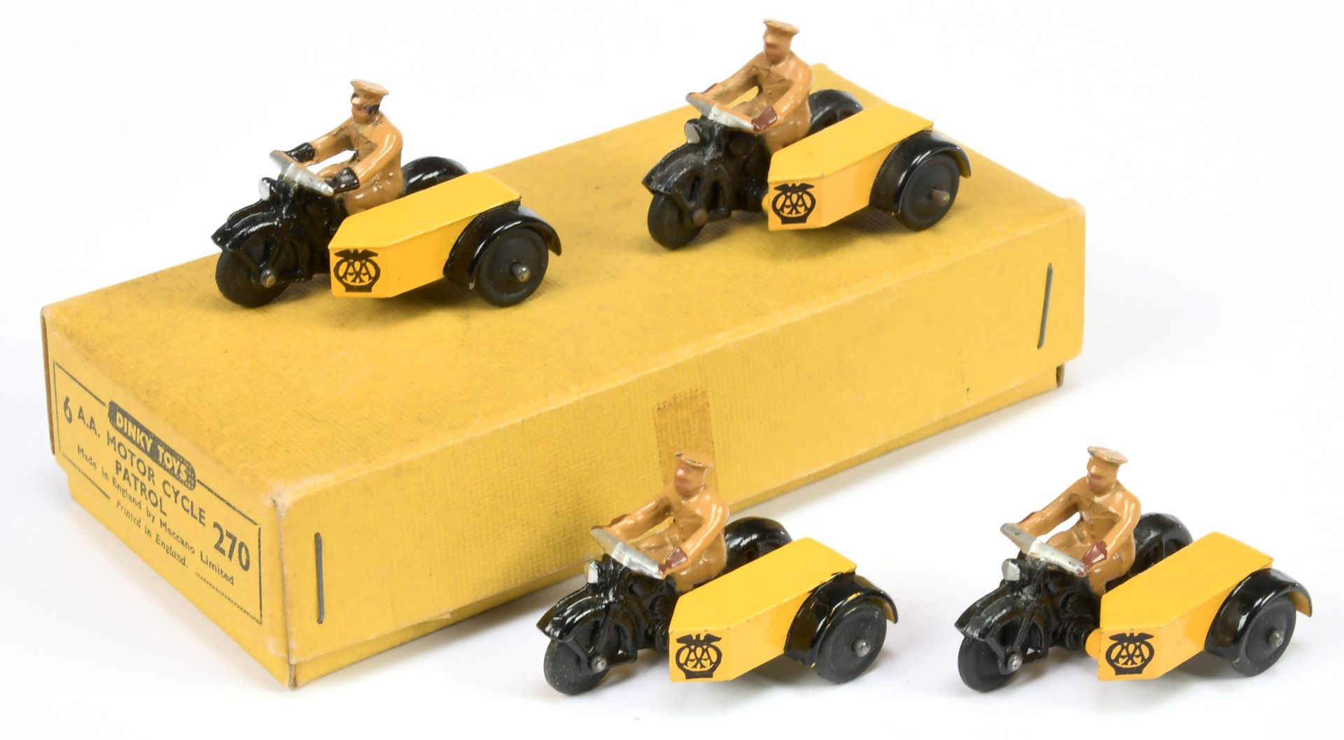 inky Toys Trade pack 270 "AA" Motorcycle And Sidecar - containing 4 examples - Yellow and black w...