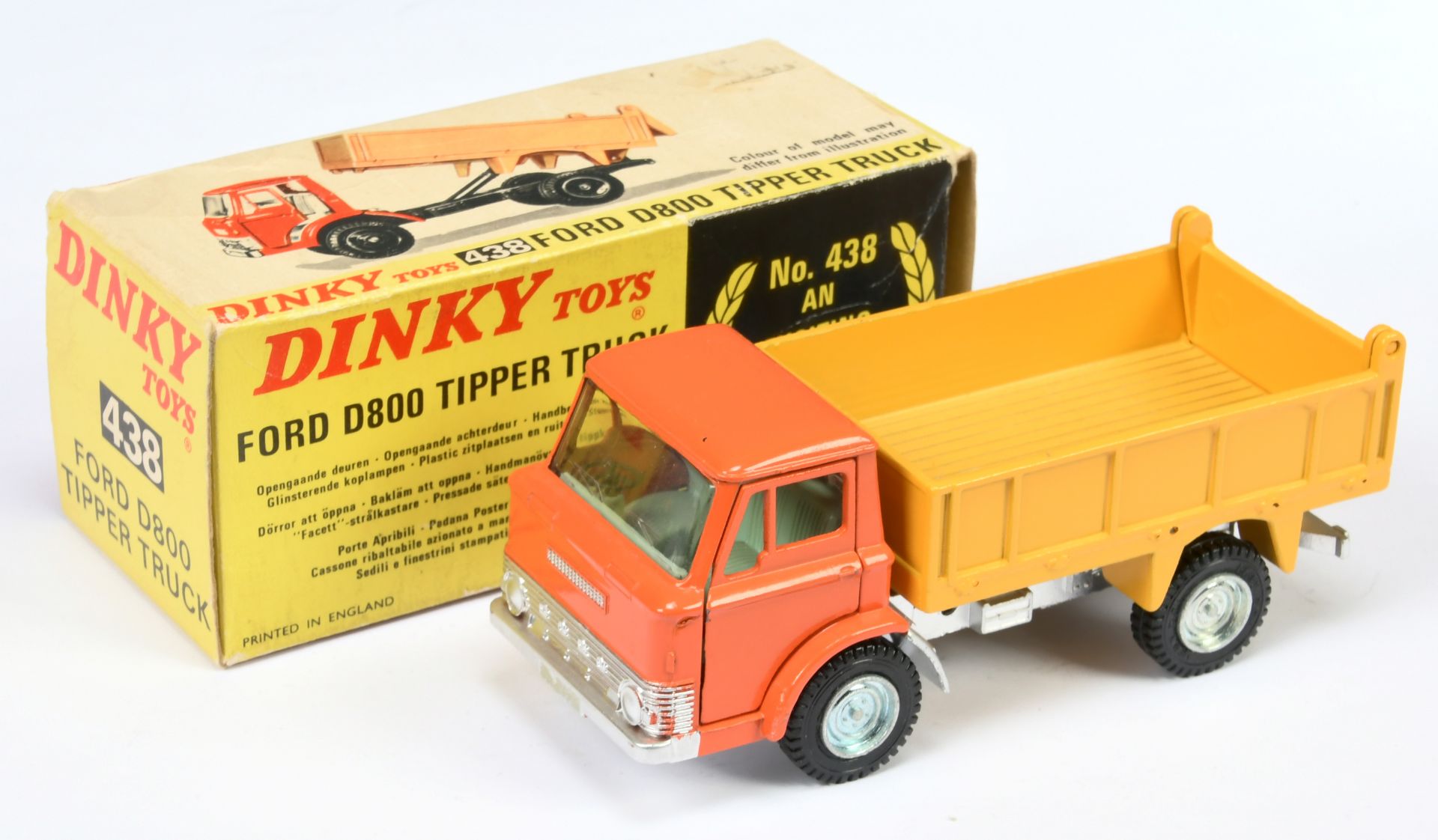 Dinky Toys 438 Ford D800 Tipper Truck - Orange cab, deep yellow back, silver chassis, pale green ...