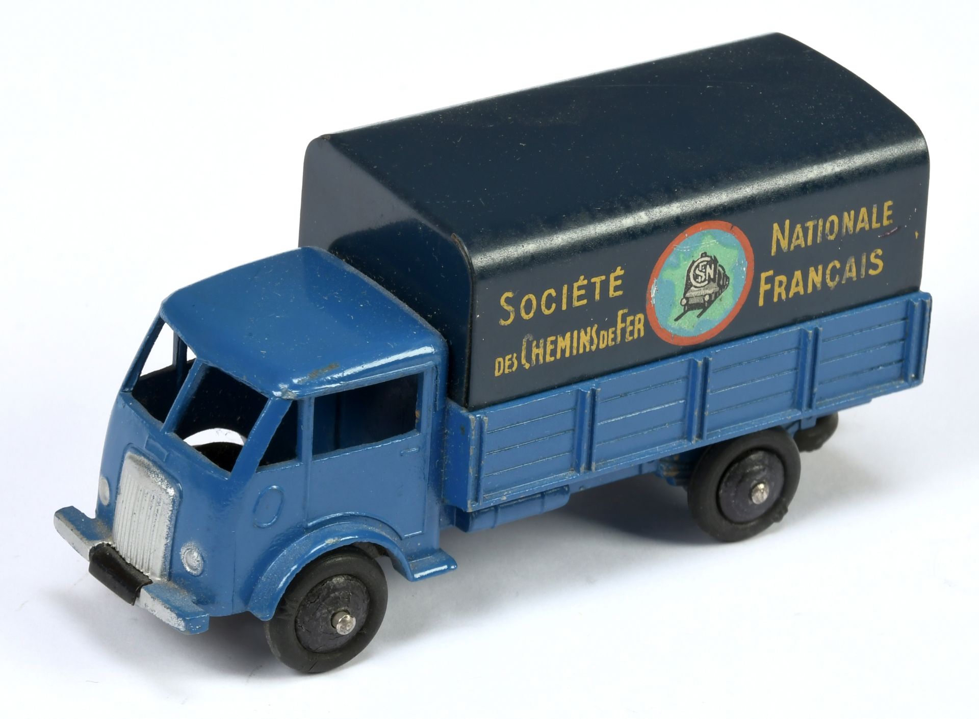 French Dinky Toys 25J Ford covered Truck " SNCF" - Blue cab and back, dark blue metal tilt, tow h...