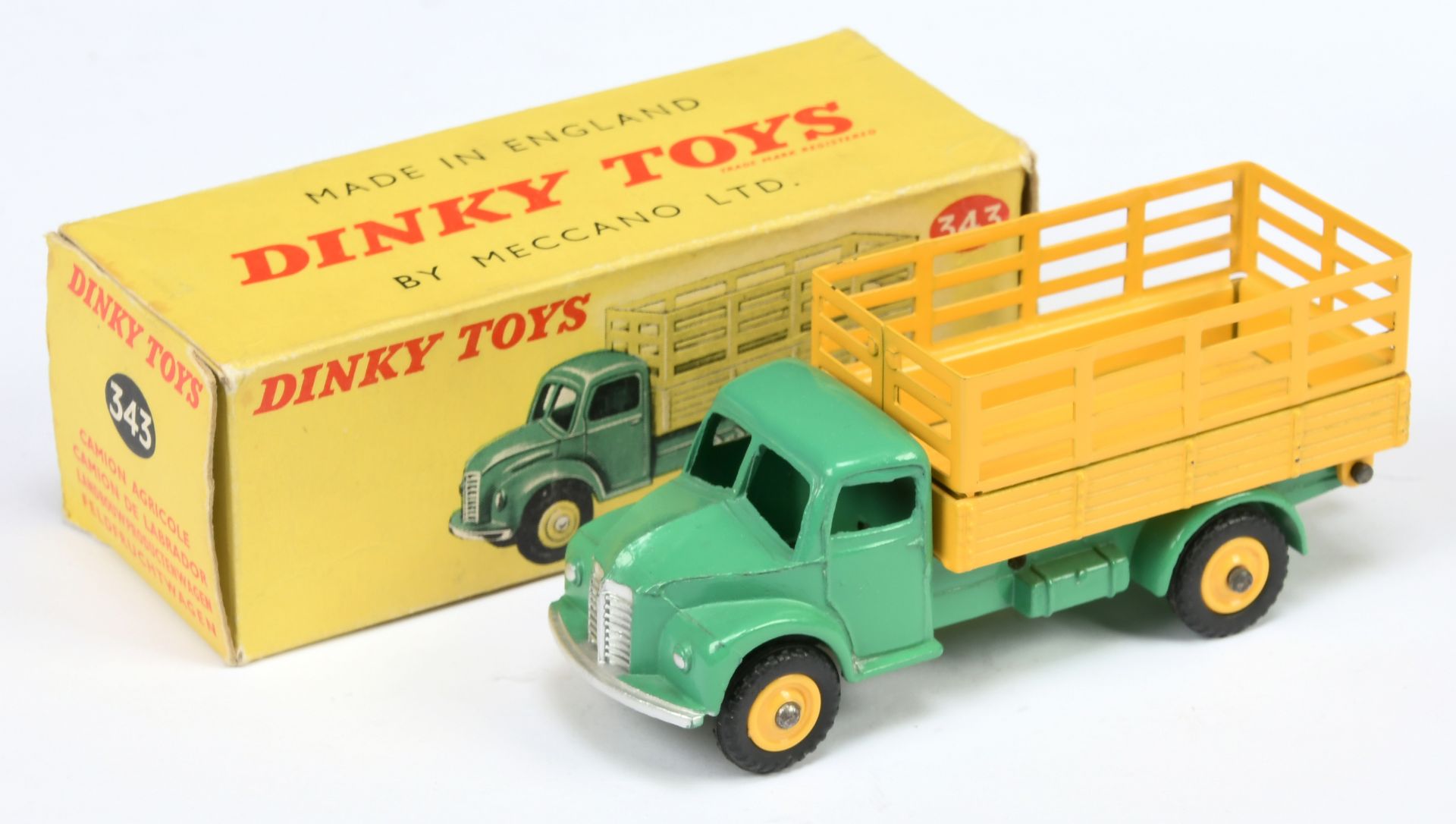 Dinky Toys 343 Dodge Produce Wagon - Mid-green cab and chassis, yellow stake back and plastic hub...