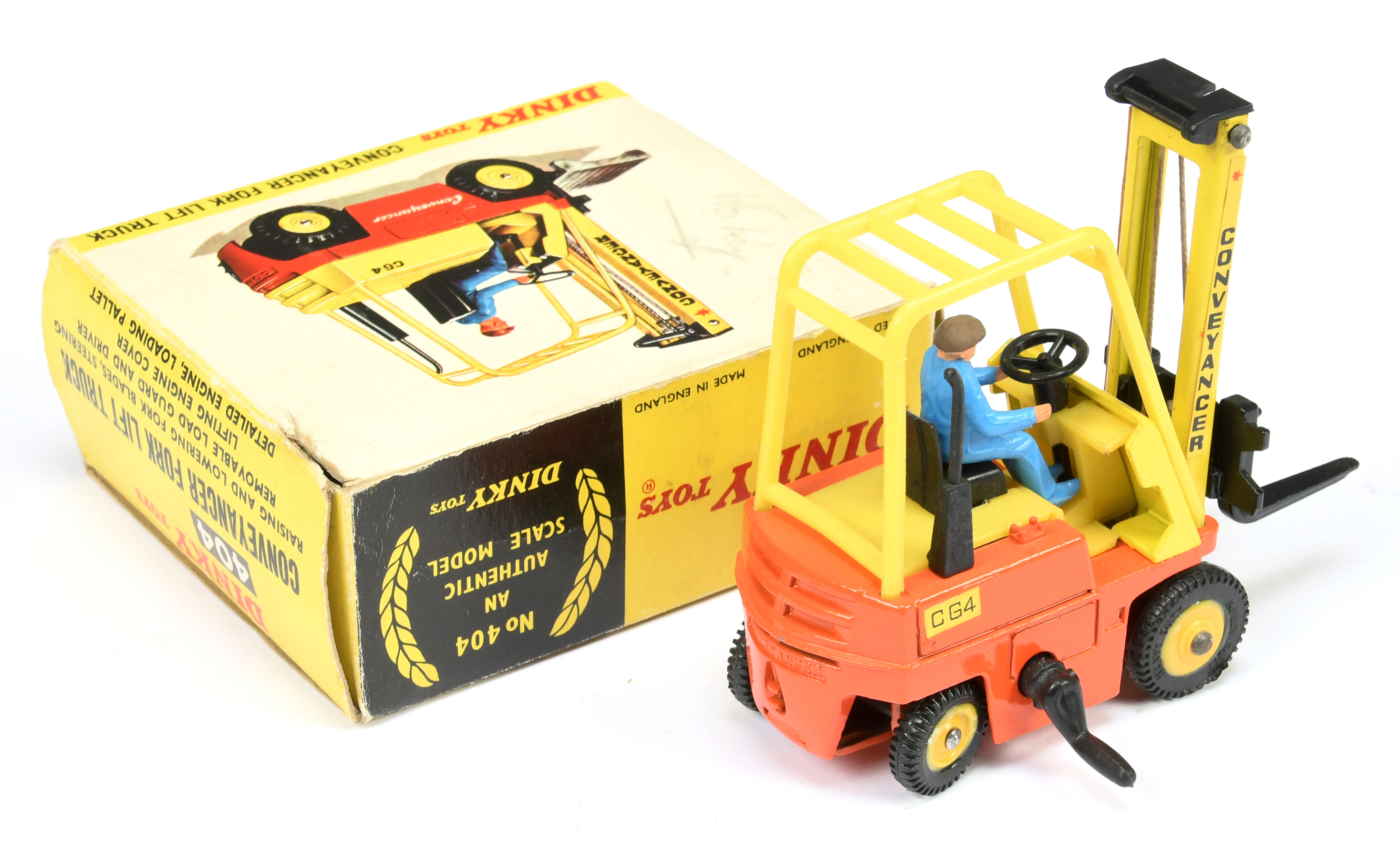 Dinky Toys 404 Conneyancer Fork Lift Truck - Orange body, yellow plastic inner and cage, black fo... - Image 2 of 2