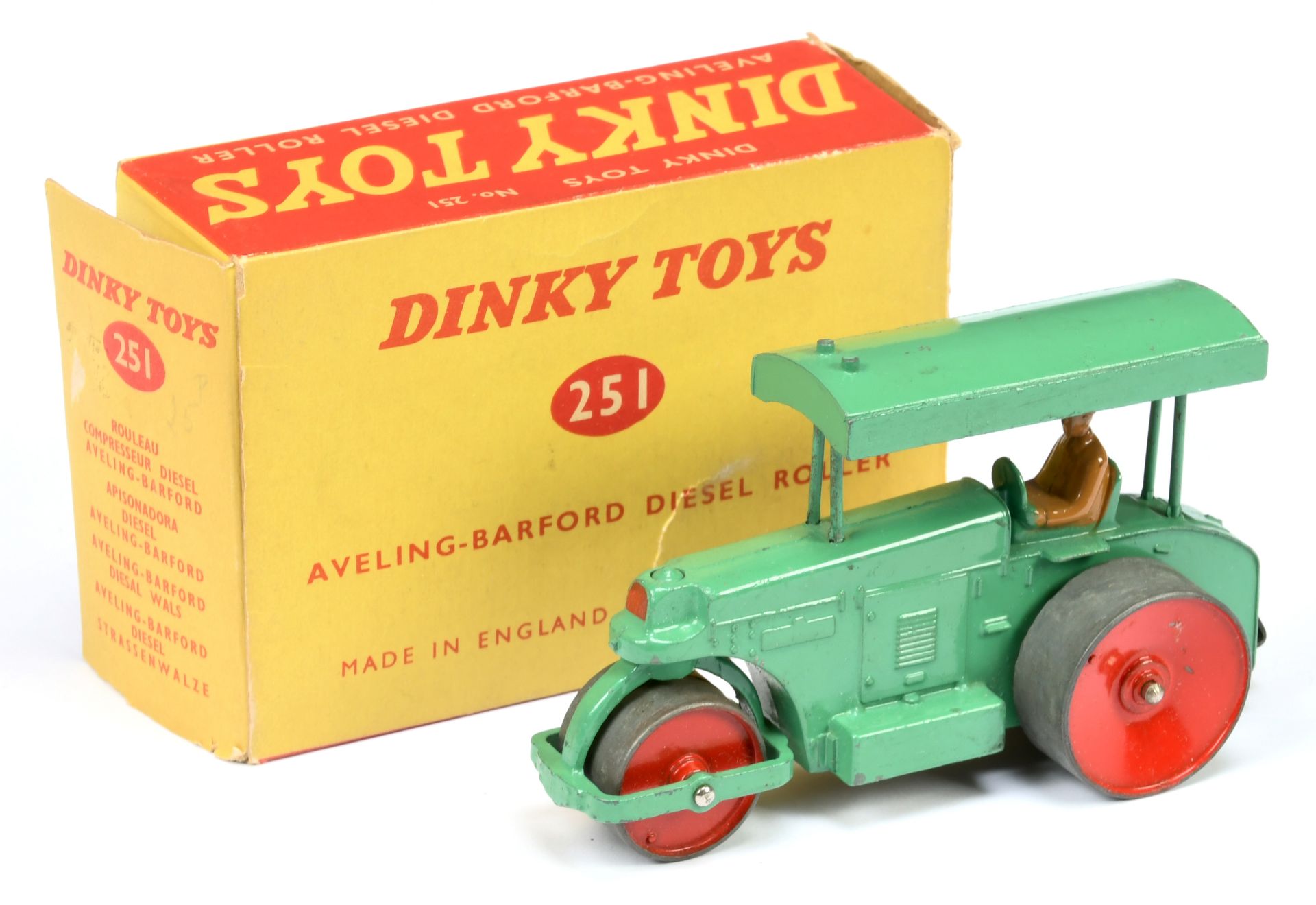 Dinky Toys 251 Aveling Barford Road Roller - Mid-green body and canopy, red metal wheels, darker ...