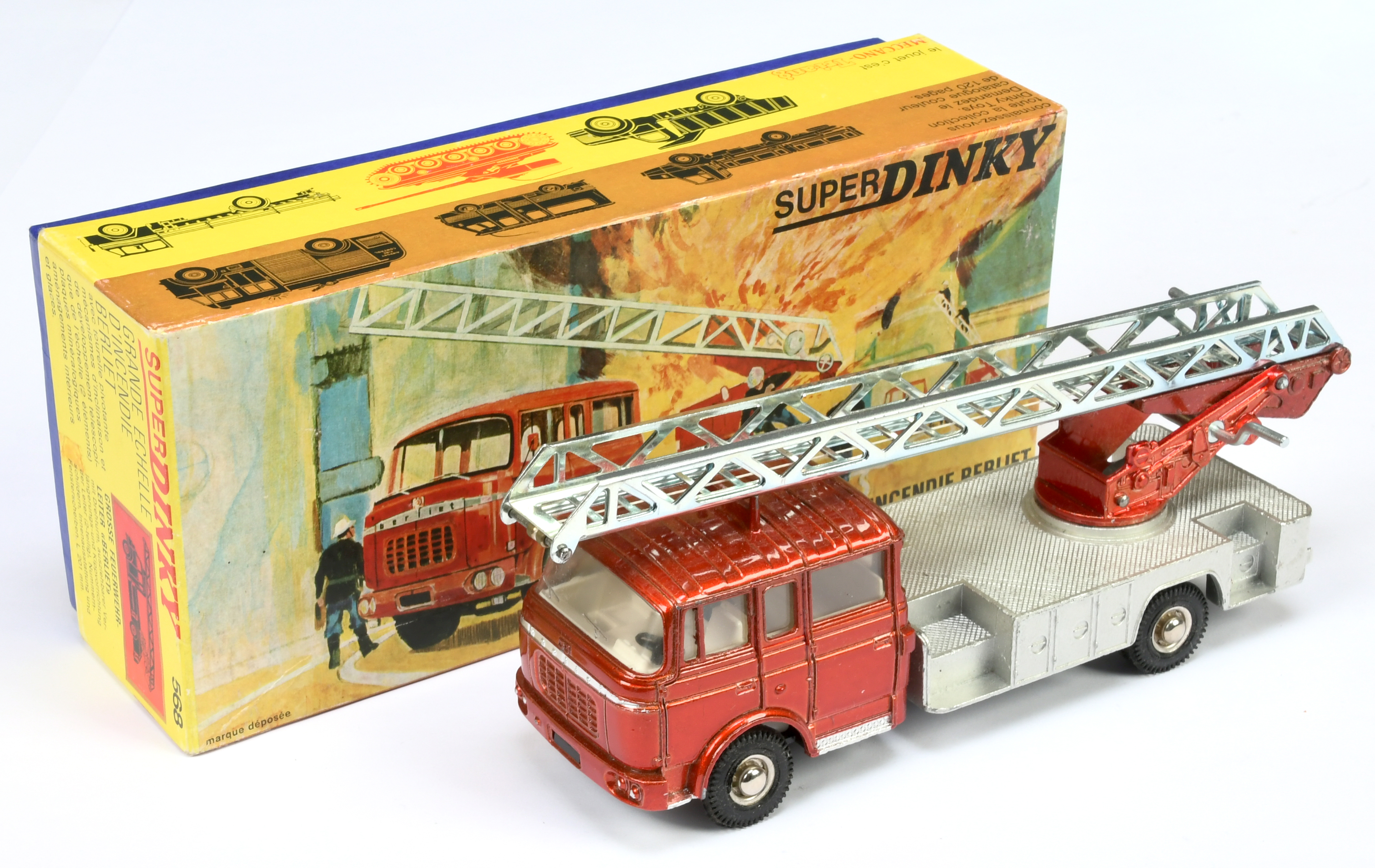 French Dinky Toys 568 Berliet Turntable Fire Escape - Metallic red cab and ballast, silver platfo...