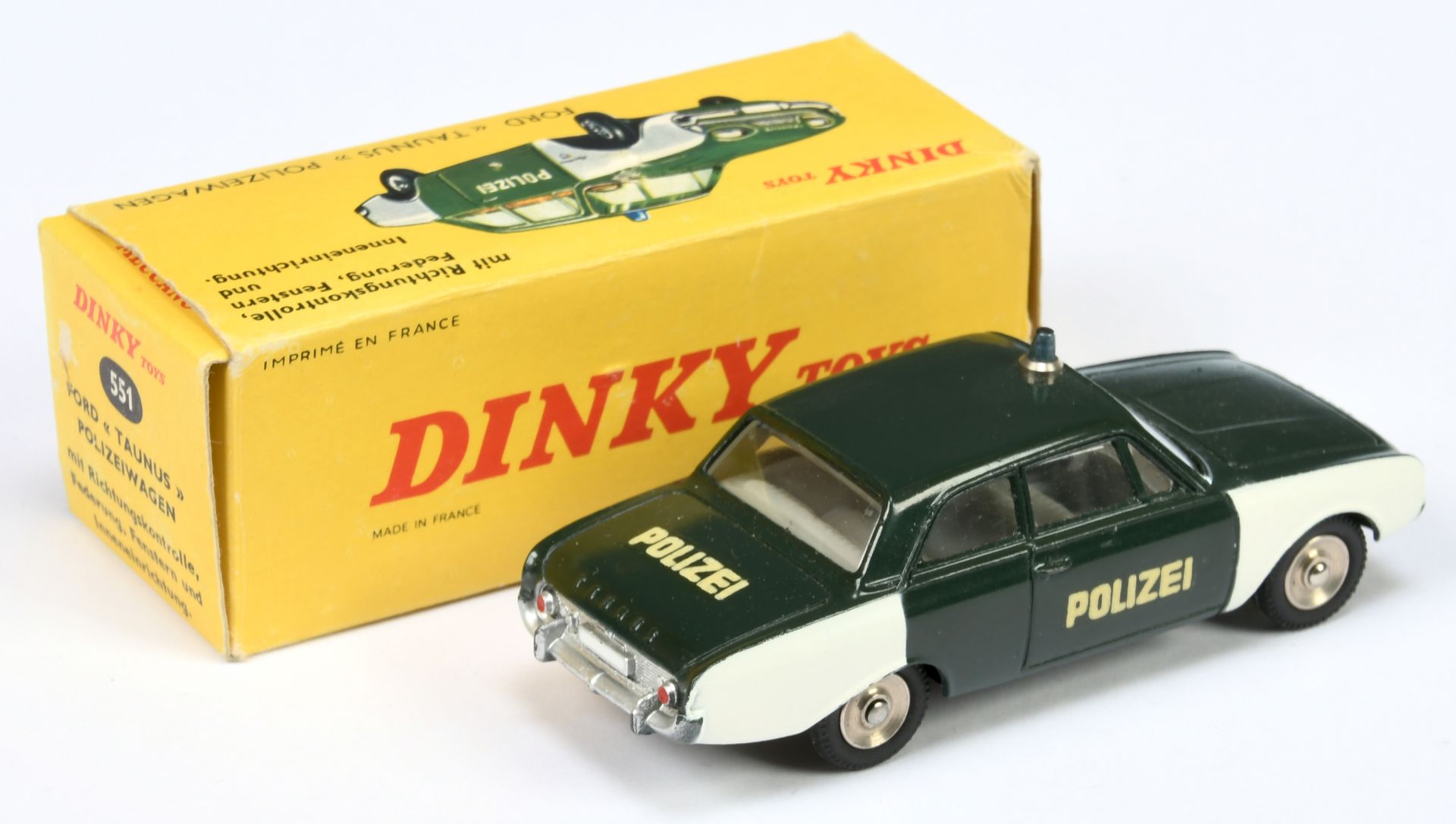 French Dinky Toys 551 Ford Taunus "Polizei" Car - Green and white, grey interior, blue roof light... - Image 2 of 2