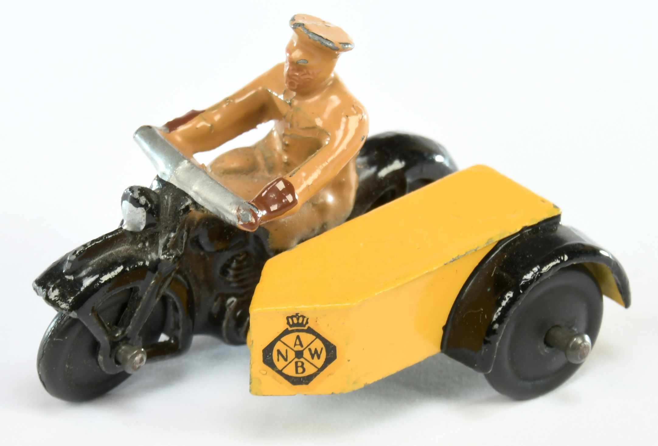 Dinky Toys 272 "ANWB" Motorcycle and Sidecar Export Issue - Yellow and Black with tan rider and s...