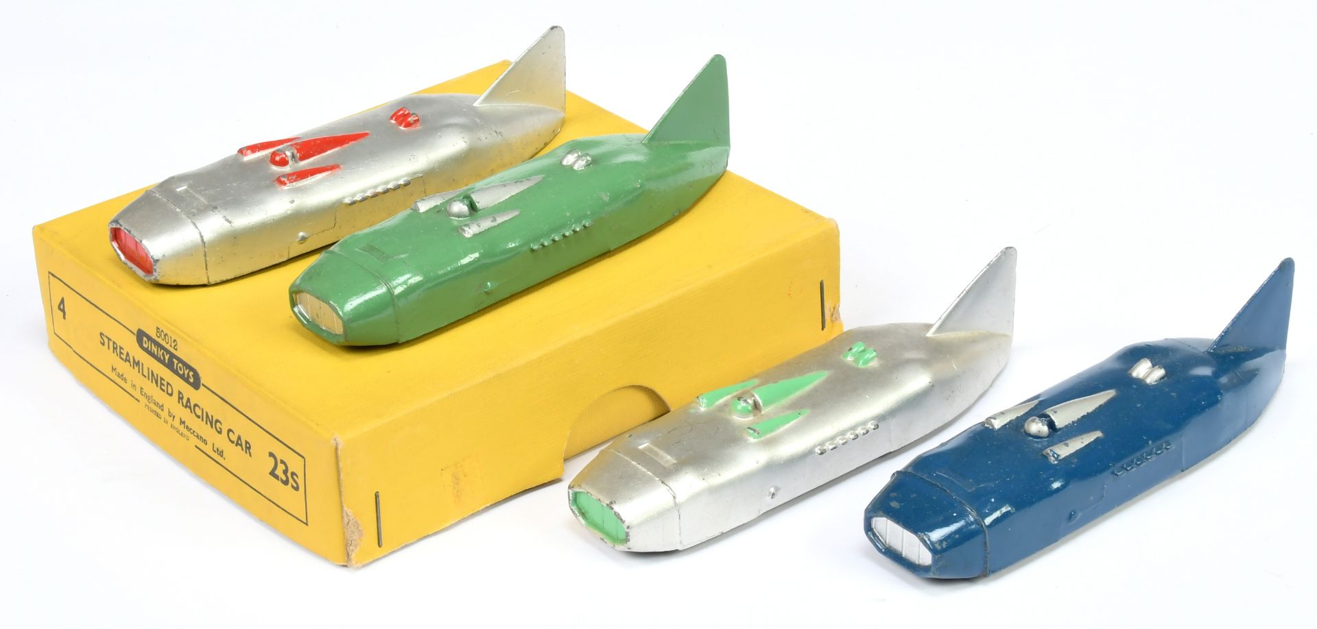 Dinky Toys Trade pack 23S Streamlined Racing Car - containing 4 examples - (1) Silver, red flashe...