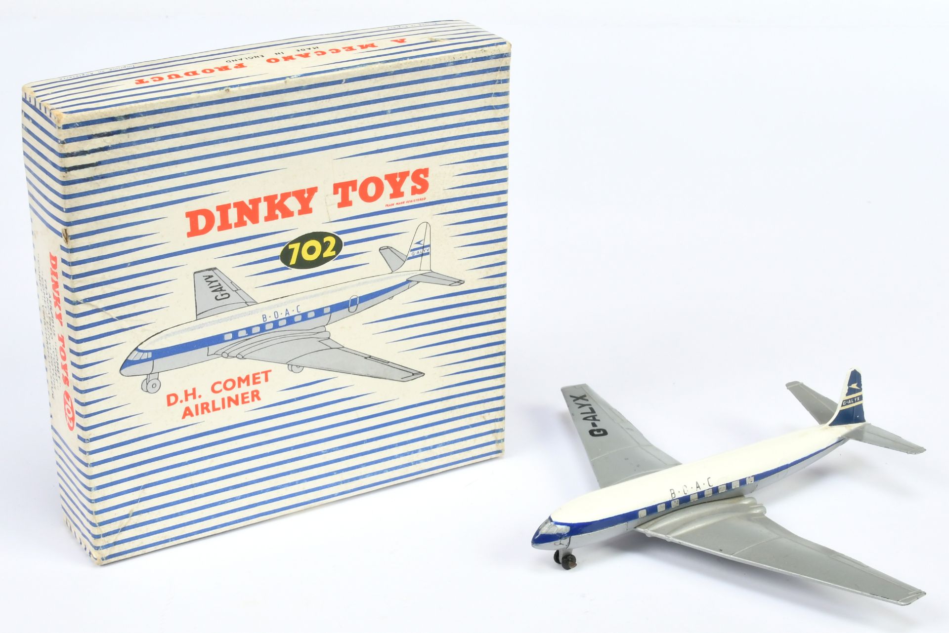 Dinky Toys 702 DH Comet "BOAC" - White, blue, silver, black metal wheels - Good Plus including bl...