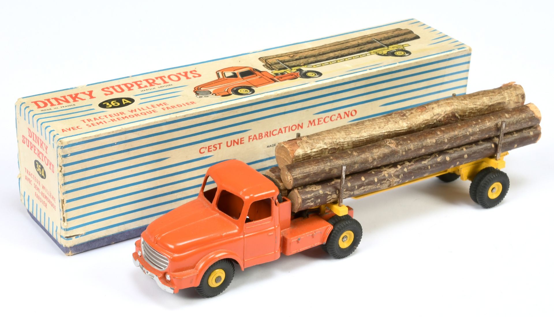 French Dinky Toys 36A Log Carrier - Orange cab with yellow trailer, convex and concave hubs, silv...