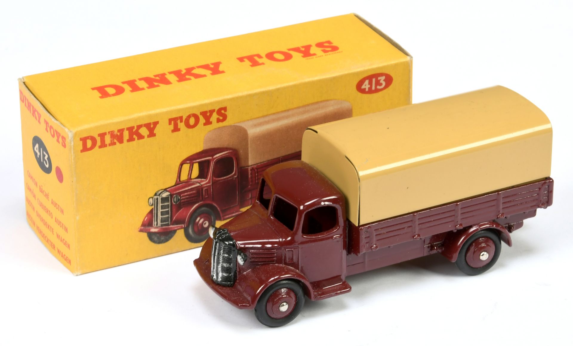 Dinky Toys 413  Austin Open Covered Wagon - Maroon cab, chassis and rigid hubs with smooth tyres,...