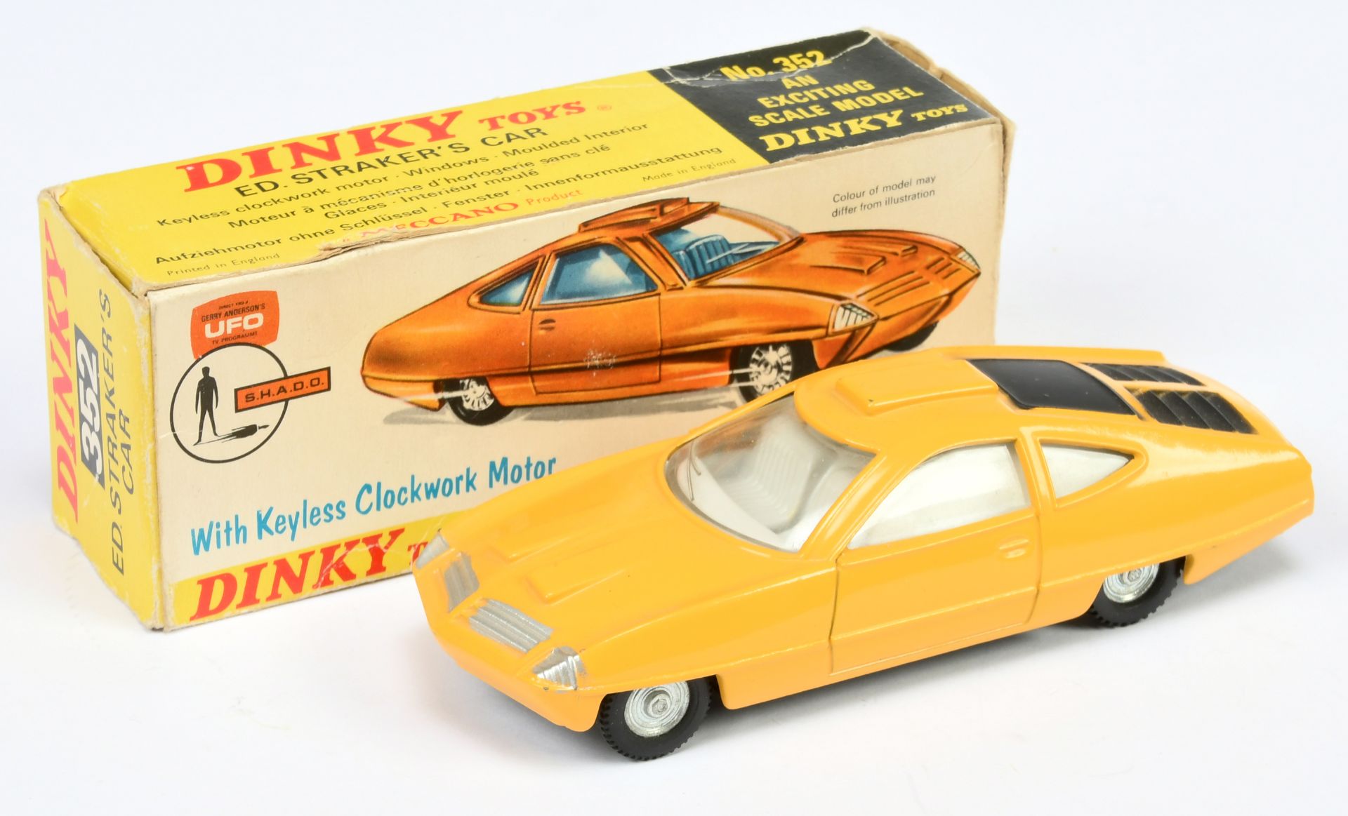 Dinky Toys 352 "UFO" Ed Strakers Car  - Yellow body, black engine covers, pale grey interior, sil...