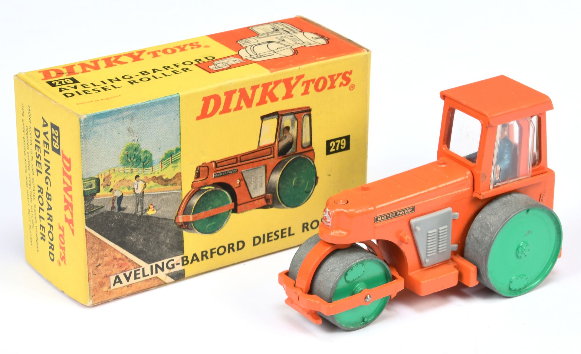 Dinky Toys 279 Aveling Barford Diesel Roller - orange body and cab including roof, grey plastic e...