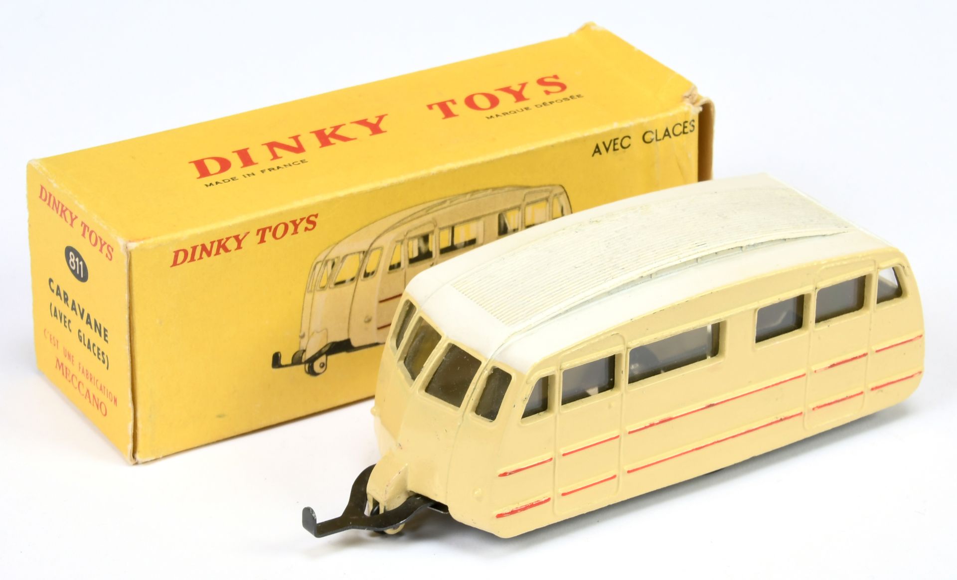 French Dinky Toys 811 Caravane - Cream body, white ribbed roof, red flashe