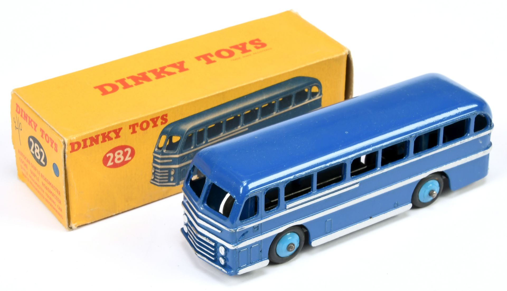 Dinky Toys 282 Duple Roadmaster Coach - Blue, silver trim and side flashes, mid-blue rigid hubs w...