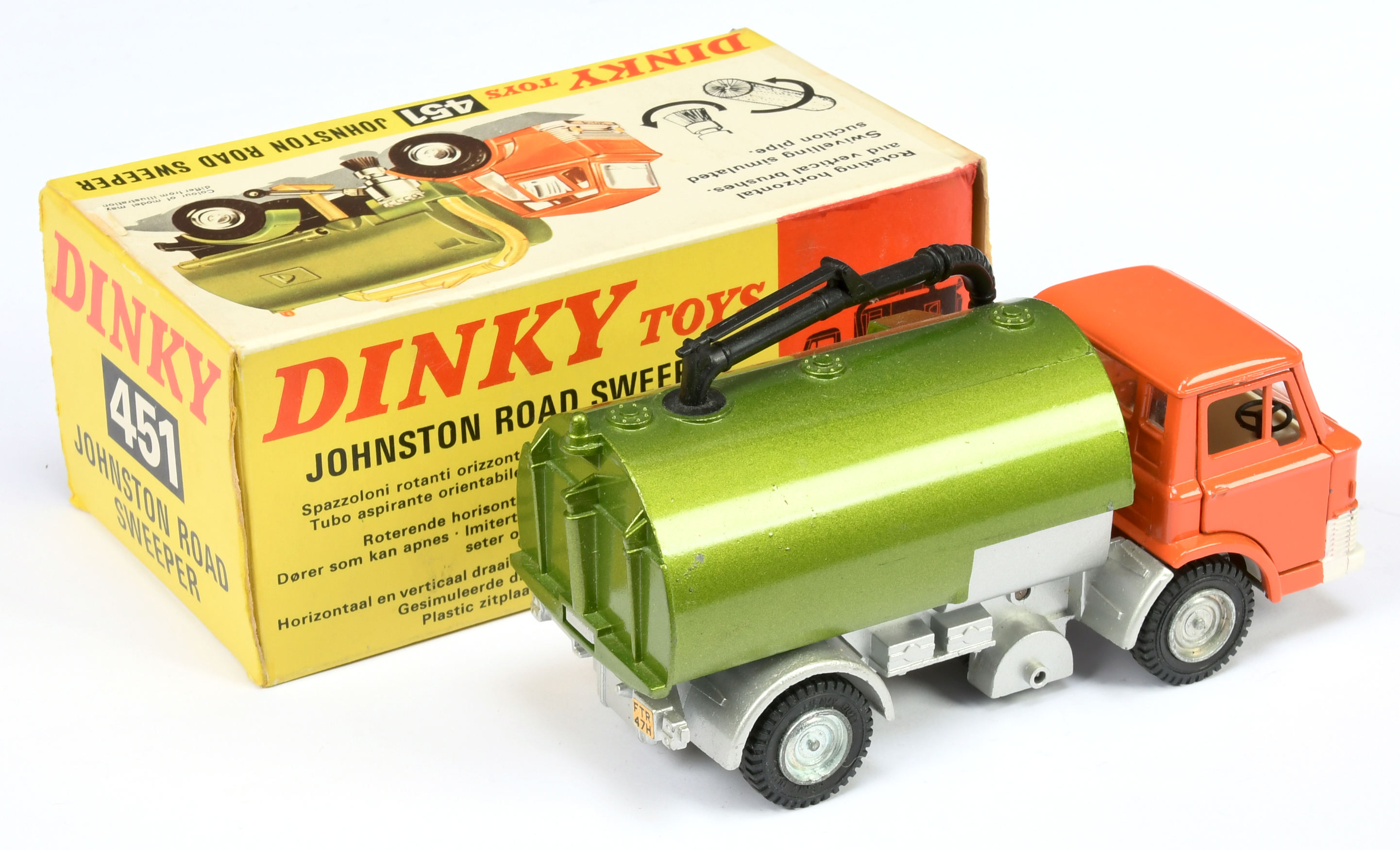 Dinky Toys 451 Johnston (Ford) Road Sweeper - Orange cab with white front trim and interior, gree... - Image 2 of 2