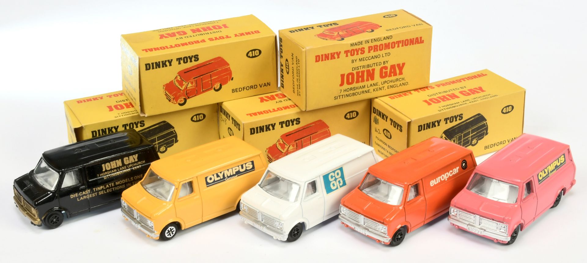 Dinky Toys 410 Bedford Promotional Vans  Group Of 5 -  (1) "John Gay", (2) "Olympus" - Pink (3) A...