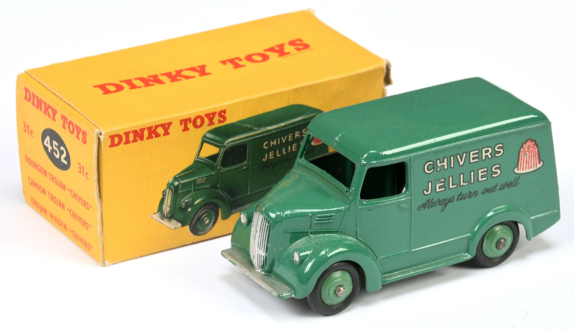 Dinky Toys 452 (31C) Trojan van "Chivers Jellies" - Green body, mid-green rigid hubs with smooth ...