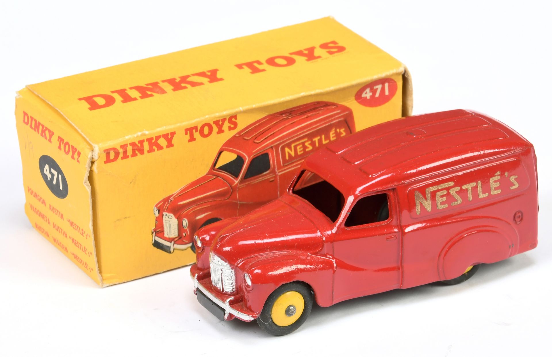 Dinky Toys 471 Austin Van "Nestle's" - Red body, yellow rigid hubs, silver trim 