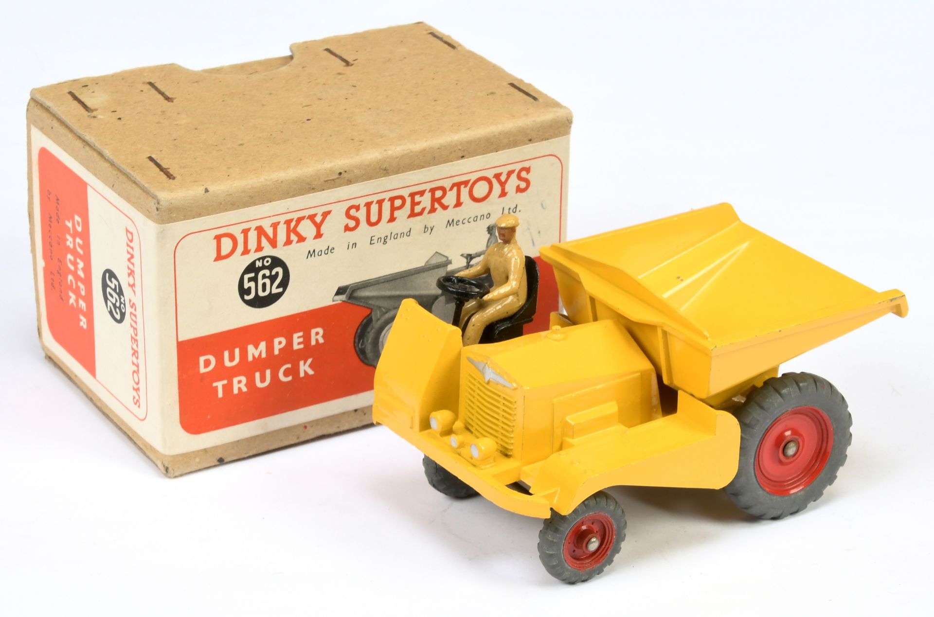 Dinky Toys 562 Dumper Truck - Yellow body, chassis and tipper, black seat, steering wheel and met...